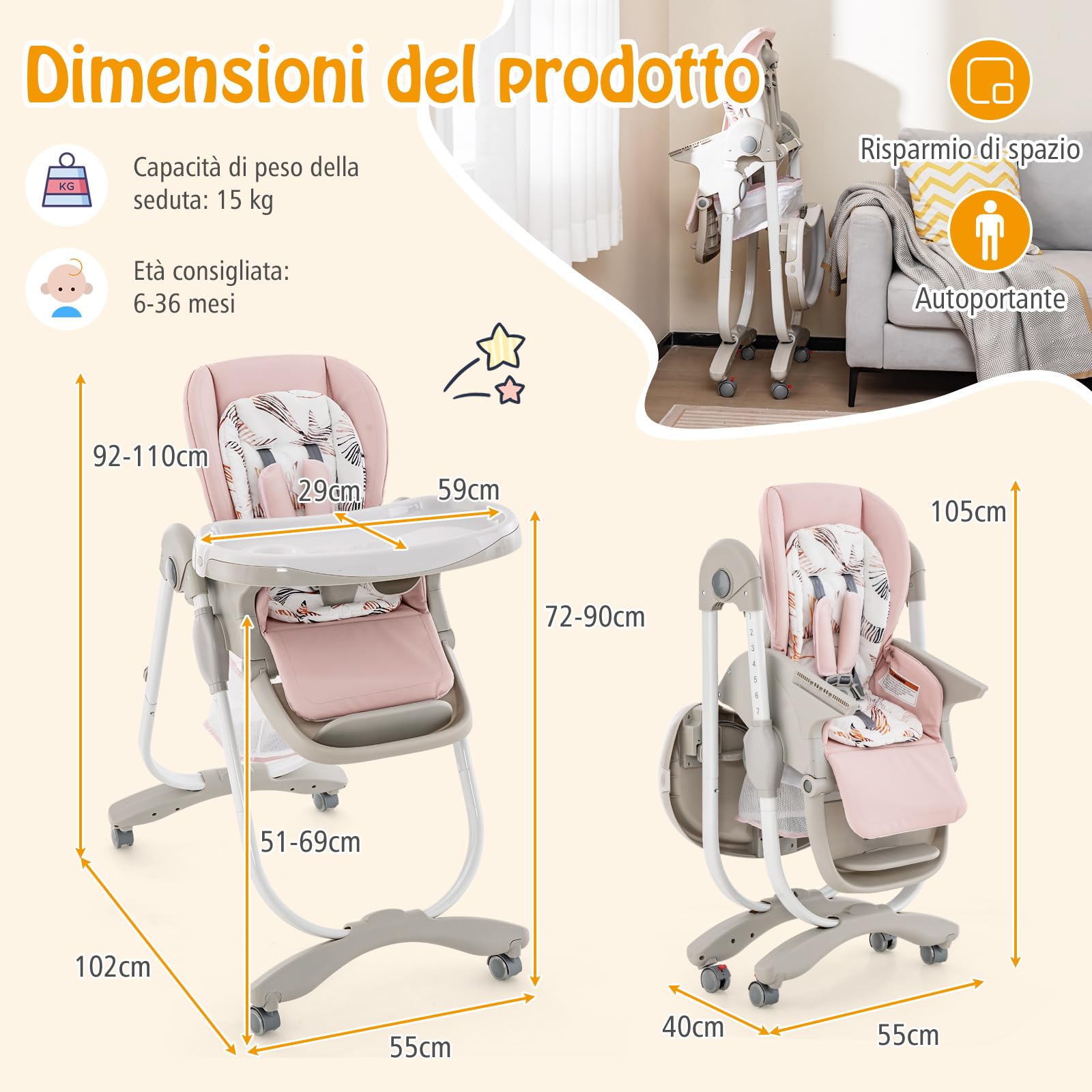 COSTWAY Seggiolone Pappa per Bambini e Neonati, Seggiolone Pieghevole Multifunzione con Ruote, Altezza Regolabile, Poggiapiedi e Schienale, Vassoio Rimovibile, per 6-36 Mesi (Rosa)