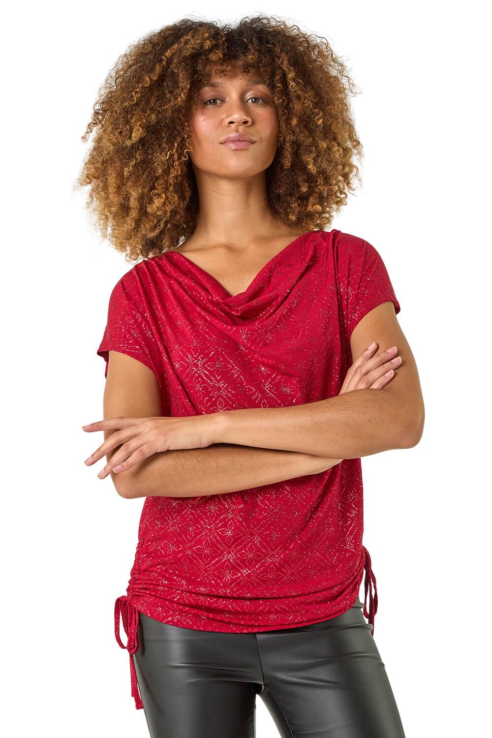 Roman Originals Women's Red Glitter Cowl Neck Stretch Top For Uk - Everyday Autumn Winter Comfy Soft Evening Vacation Work Party Night Out - Size 18