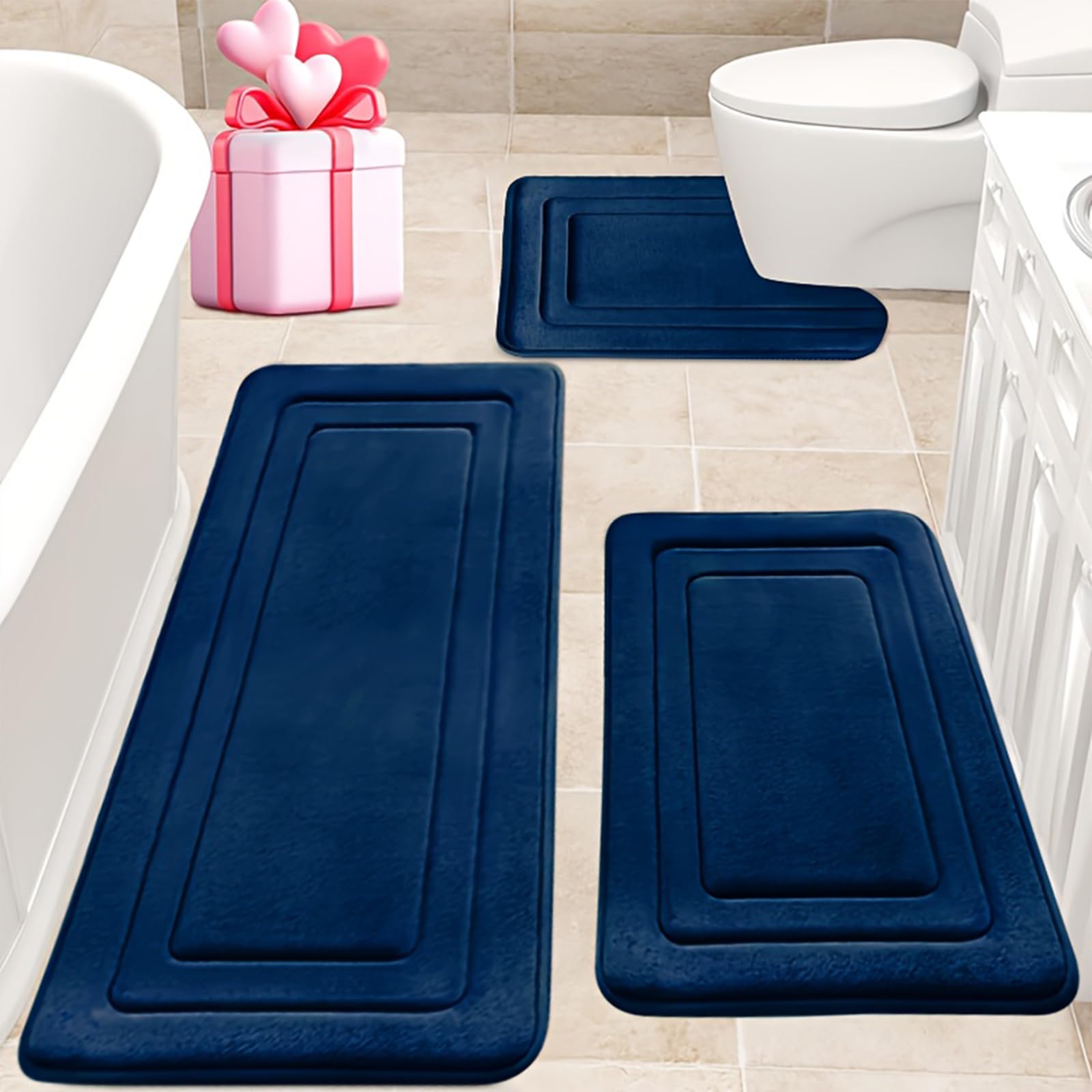 Memory Foam Badematte 3er Set Rutschfest Saugfähig Weich & Schnell Trocken für Dusche WC & Badewanne Dunkelblau - Perfekte Badezimmer Dekor & Komfort Lösung