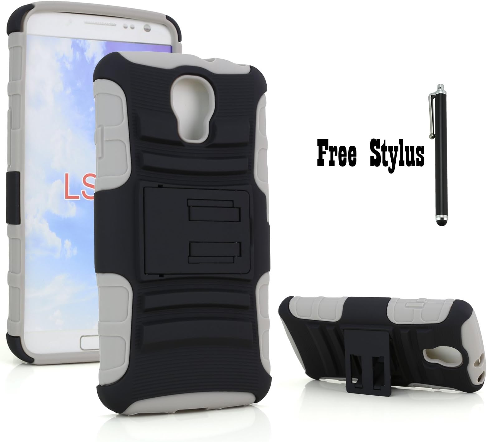 Shock & Bump-proof Armor Hybrid Hard and Soft Kickstand Case for LG Volt LS740 / LG Volt 4G LTE - Dustproof kickstand case with dirt-caps (Kickstand Case - Grey and Black)