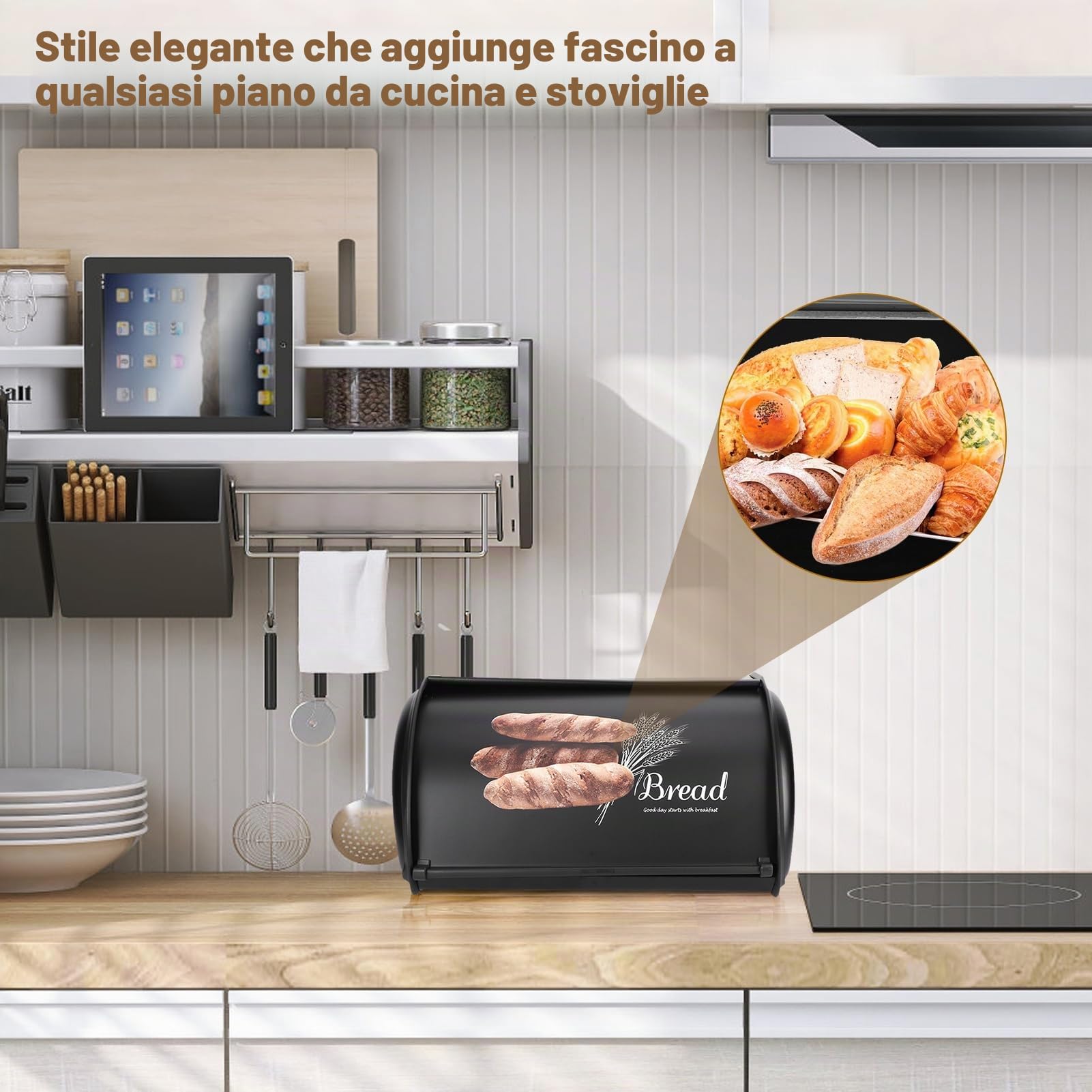 Pilipane Portapane in Acciaio Inossidabile con Coperchio Scorrevole, Contenitore Pane Moderno Antiscivolo, Grande Capacità 34x23x14.5 cm per Cucina/Tavola, Ideale per Pane Fresco e Fette Biscottate