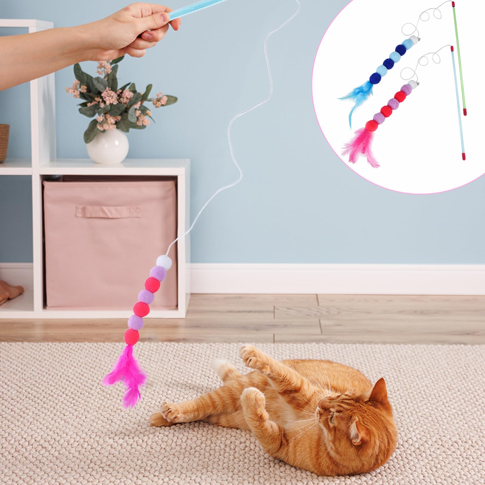 Feibety 2Pcs Cat Feather Toys Cat Wand Toys with Bell and Plush Balls,Colourful Interactive Kitten Teaser Pet Toy Wire Chaser Wand Teaser Indoor Playing Exercising Interactive Training(Blue + Purple) - Image 2