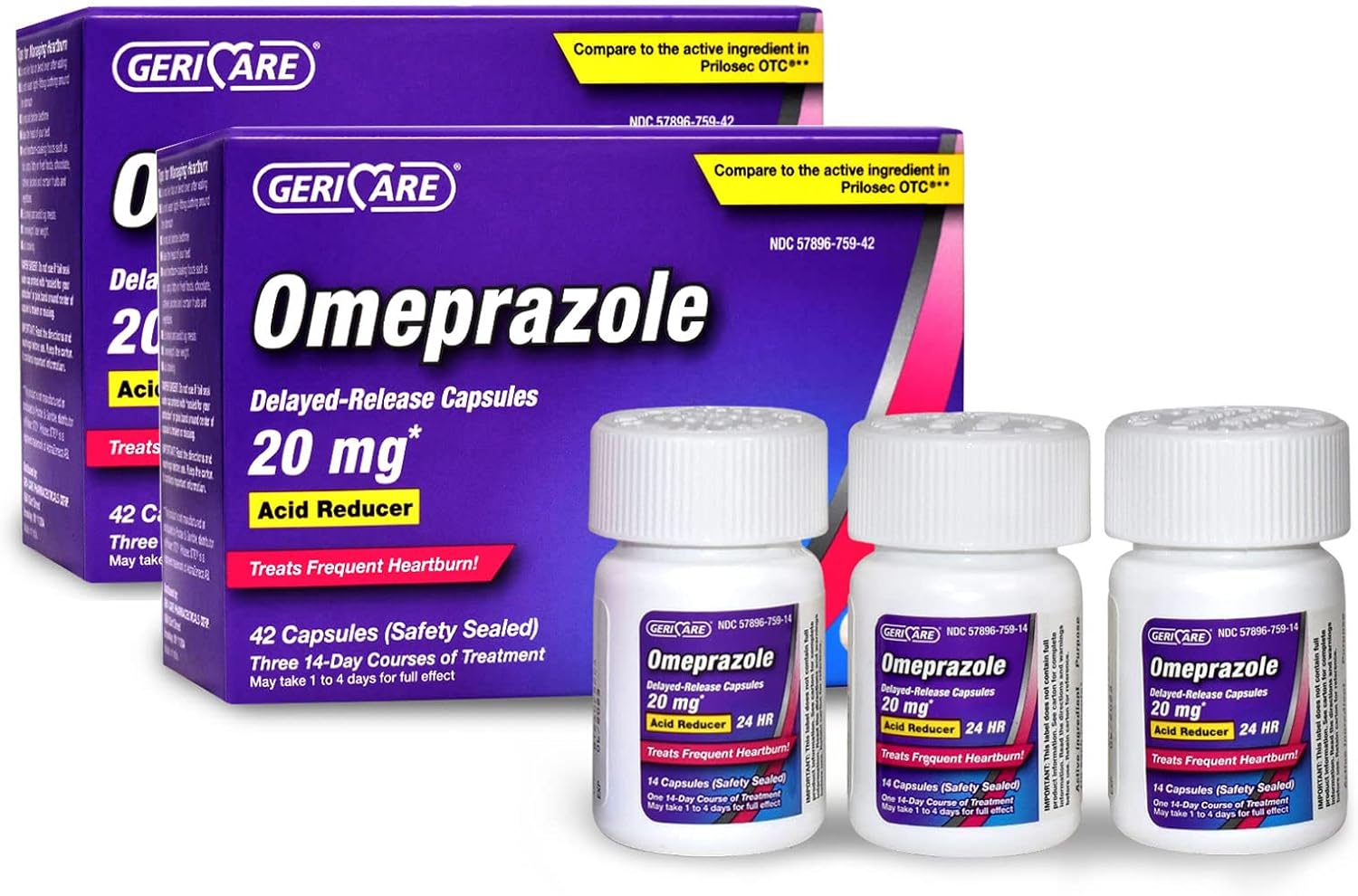 GeriCare Omeprazole Delayed Release Capsules 20.6mg - Acid Reducer Pills for 24 Hour Heartburn Relief - Acid Reflux Medicine to Treat Frequent Heartburn - 42 Count (2 Pack)