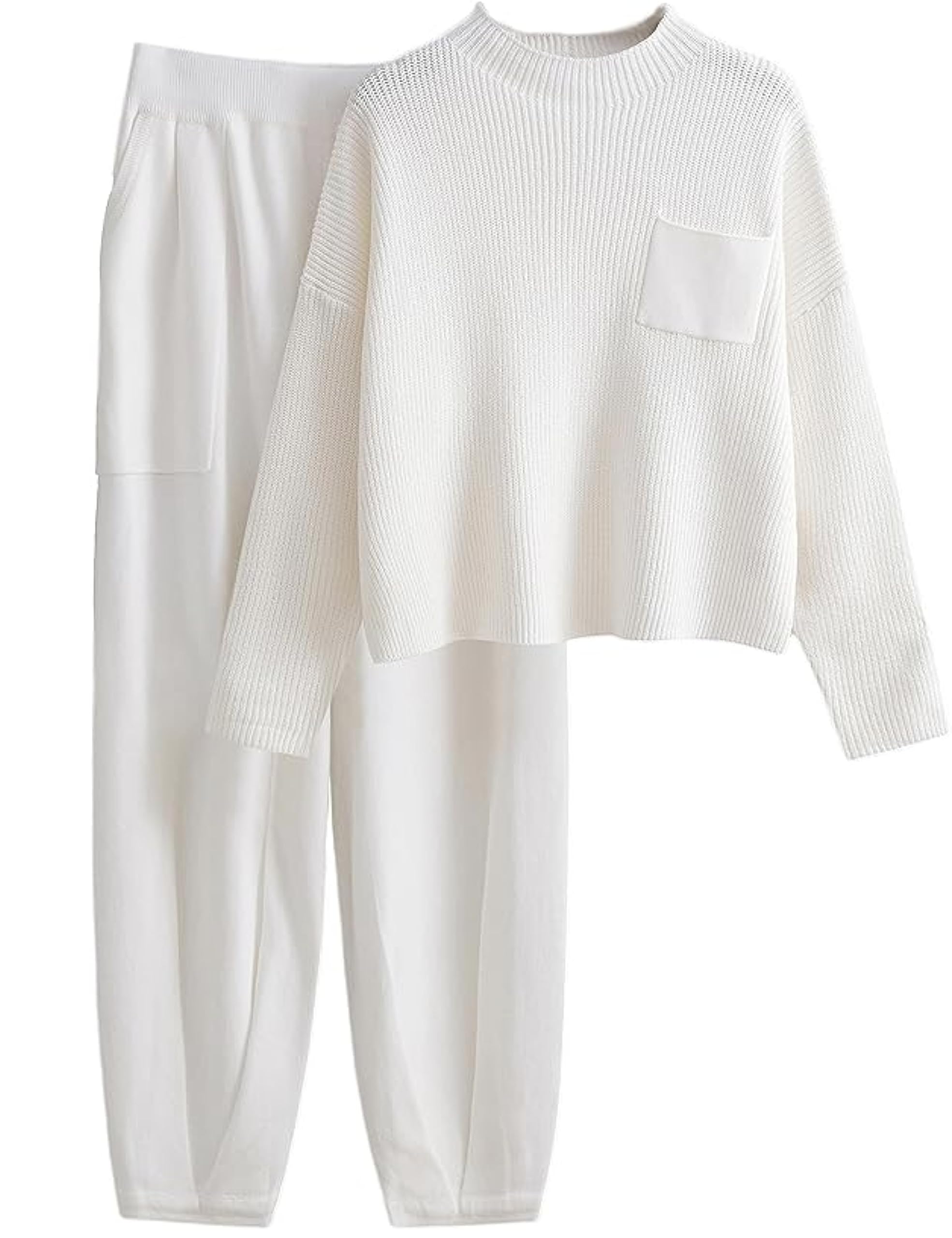 OPCAKMWomen's Two Piece Knit Outfits Long Sleeves Sweater Tops Wide Leg Pants Casual Tracksuit Lounge Sets