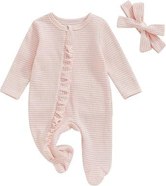 ZAXARRA Newborn Baby Girl Coming Home Outfit Solid Color Ruffle Long Sleeve Footies Romper Infant Fall Bow Headband Clothes