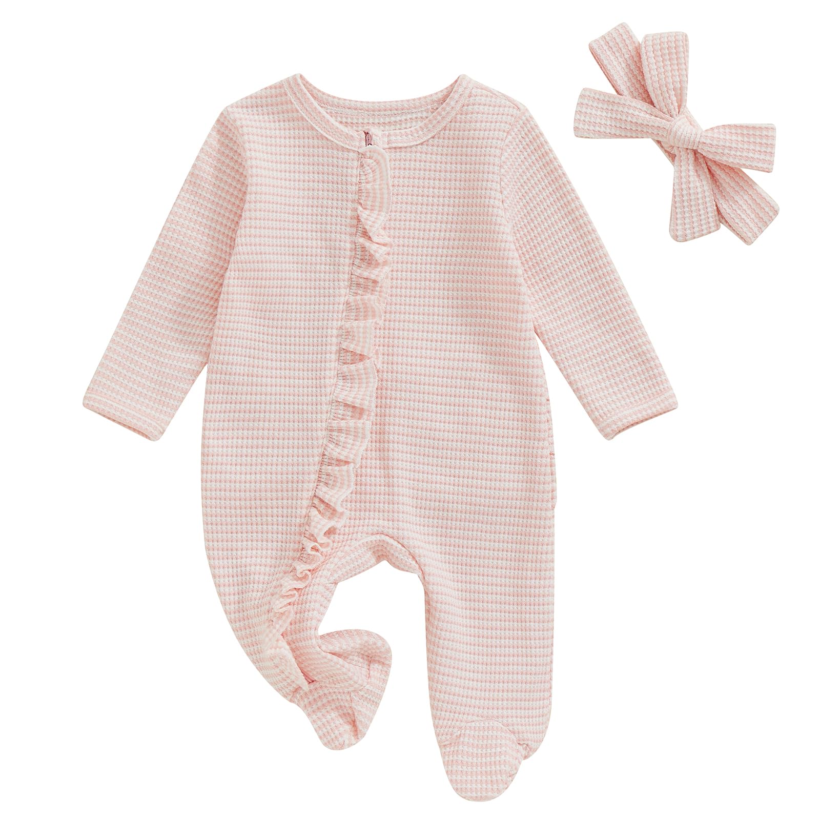 ZAXARRA Newborn Baby Girl Coming Home Outfit Solid Color Ruffle Long Sleeve Footies Romper Infant Fall Bow Headband Clothes (Pink3, Newborn)
