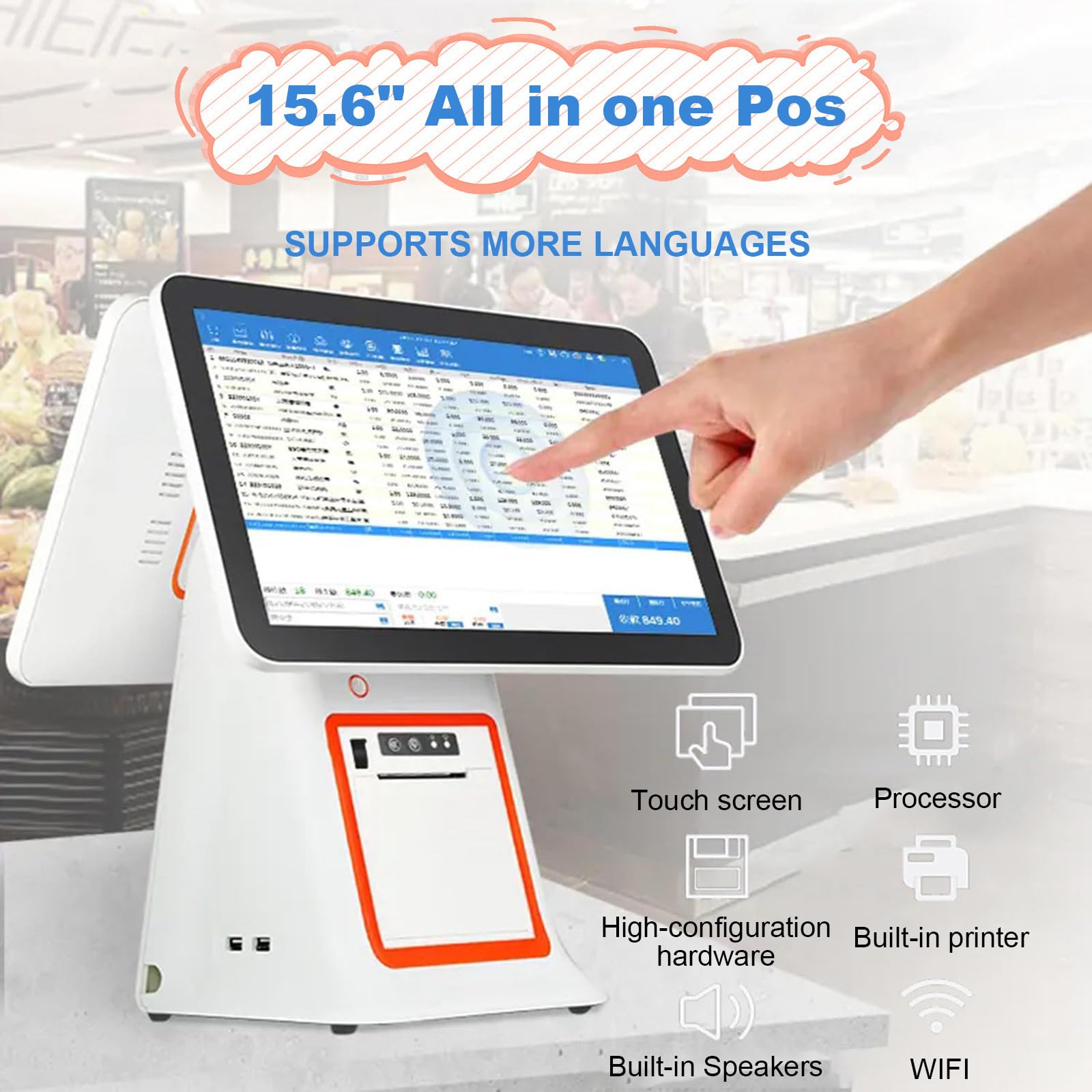 Caisse Enregistreuse Intelligente, Caisse Enregistreuse avec écran Tactile Double écran 15.6 Pouces, Processeur Double cœur, pour la Vente au Détail, la Restauration, l'hôtellerie White-B