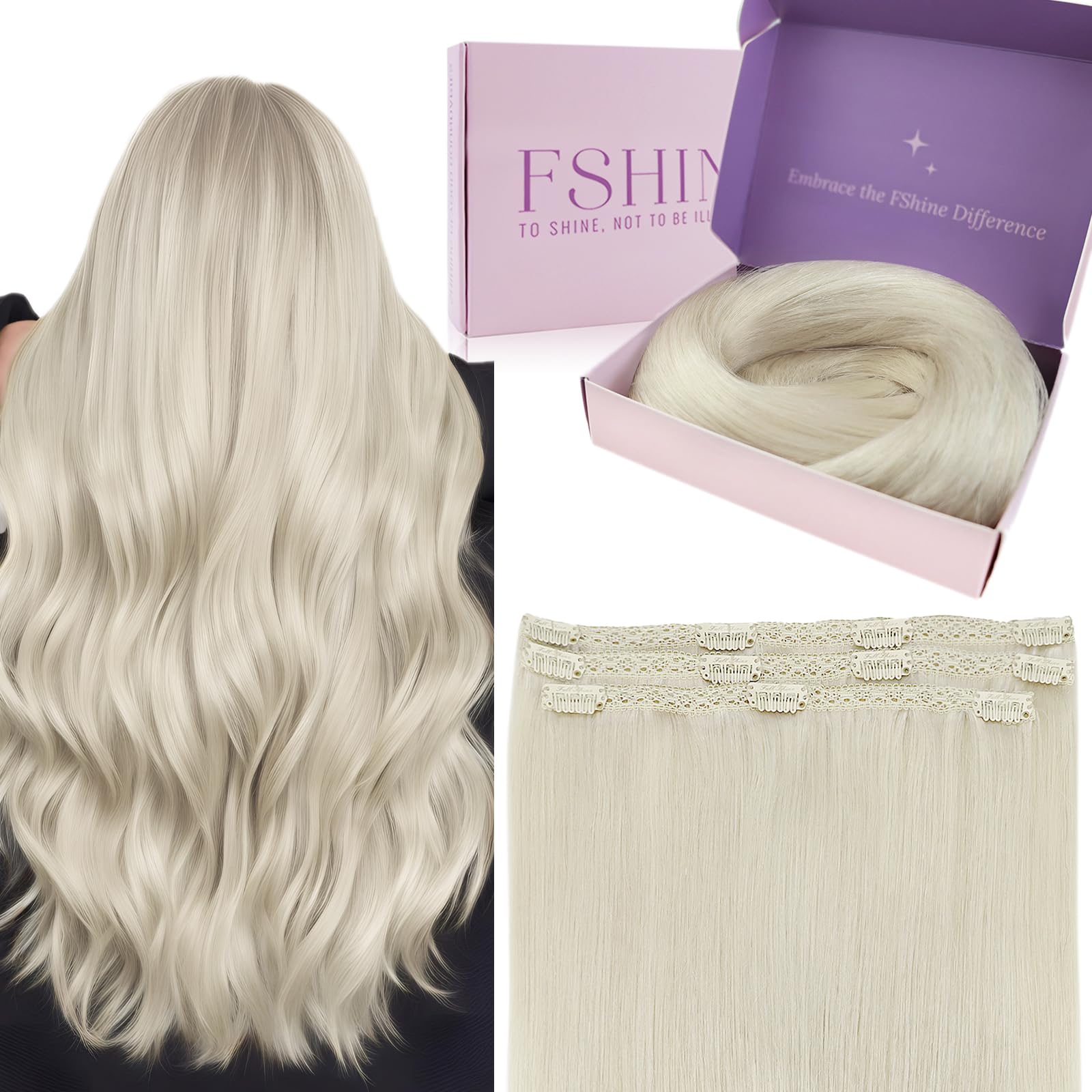 Fshine Extension Clip Umani Capelli Veri 3Pcs 50g Capelli Lisci Extension 30cm Biondi Bianco Full Head Extension Clip in Double Weft Capelli Umani Extension Capelli Veri Clip Fascia Unica 1000