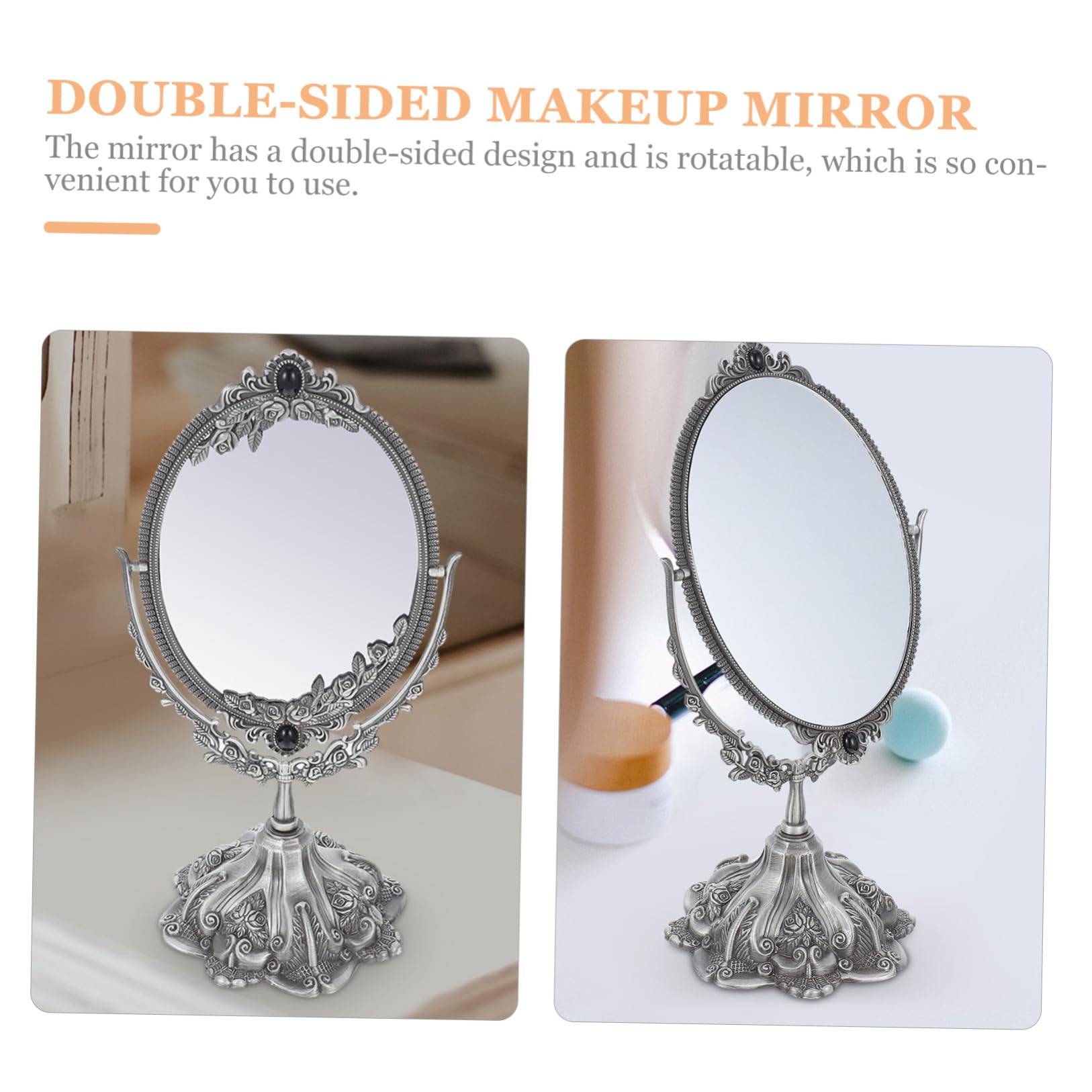 PACKOVE Vintage Schminkspiegel aus Zinklegierung, Doppelseitig, Drehbar | Silber, Flacher Standfuß, Europäischer Stil, für Hochzeits und Make Up Anwendung