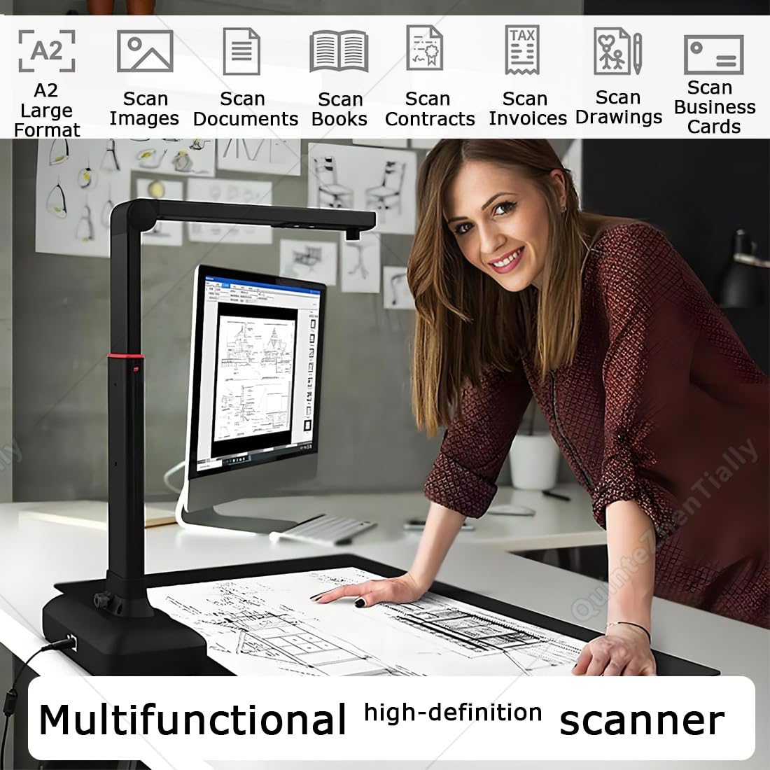 Kommerzieller Bürodokumentenscanner,23-Mp-Großformatkamera-Scanner,A2 Overhead-Scanner,mit Led-Fülllicht & Hochauflösender Kamera,Intelligenter Erkennung,für Bücher & Dokumente