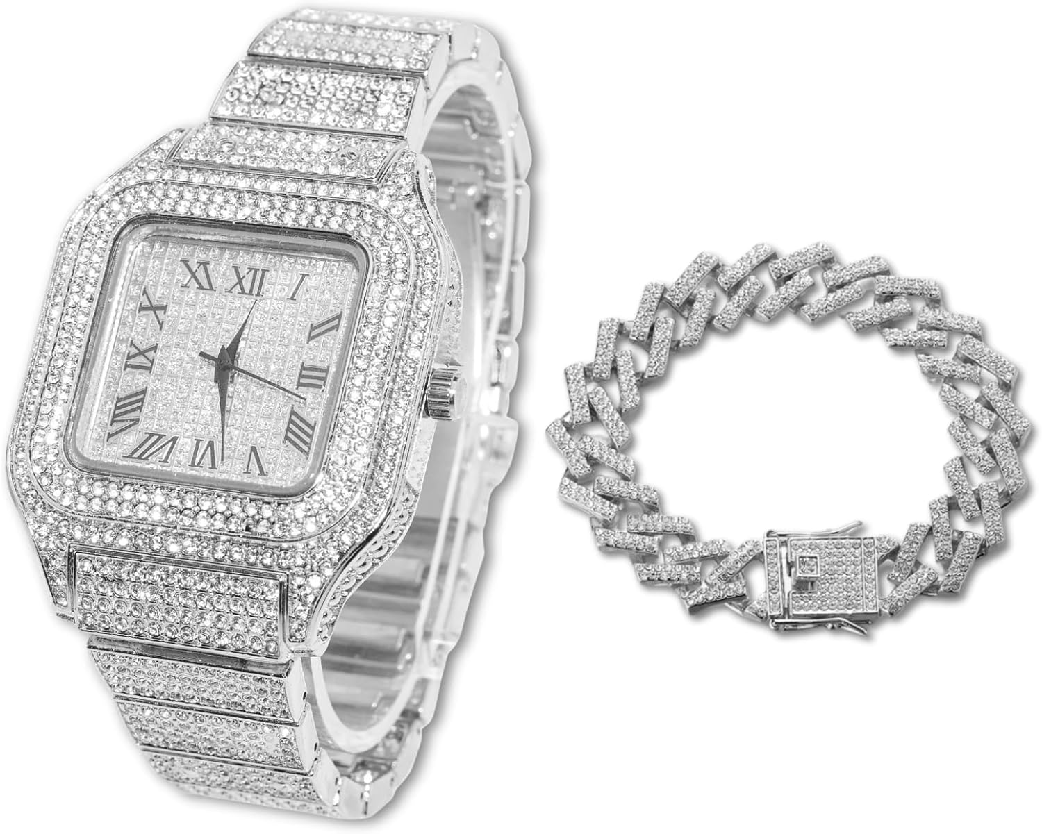 Halukakah Square Dial Diamonds Gold Watch Iced Out, Men's 18k Real Gold/Platinum White Gold Plated Quartz Wristband 9.5", with Cuban Link Necklace Bracelet Set Options, Free Giftbox