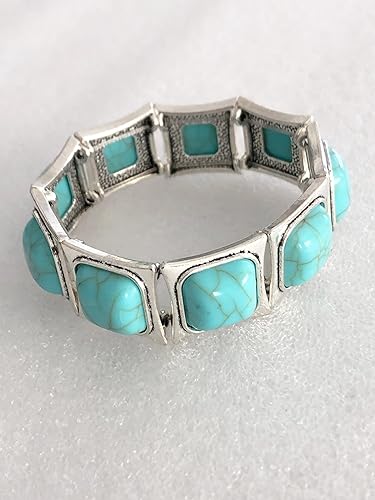 Miniatura 4 de Pulsera elástica con diseño navajo suroeste occidental vintage de mediados de siglo, resina y turquesa, Metal Gema, No es una piedra preciosa