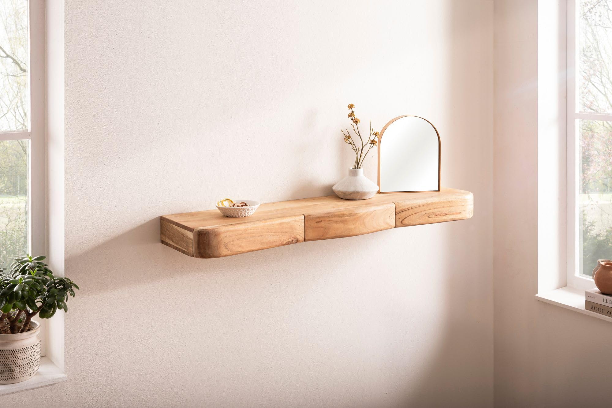 FineBuy Wandregal Akazie Massivholz 100cm mit DREI Schubladen - Design Regal für die Wand - Holz Wandboard mit Stauraum - Schwebendes Hängeregal aus Echtholz