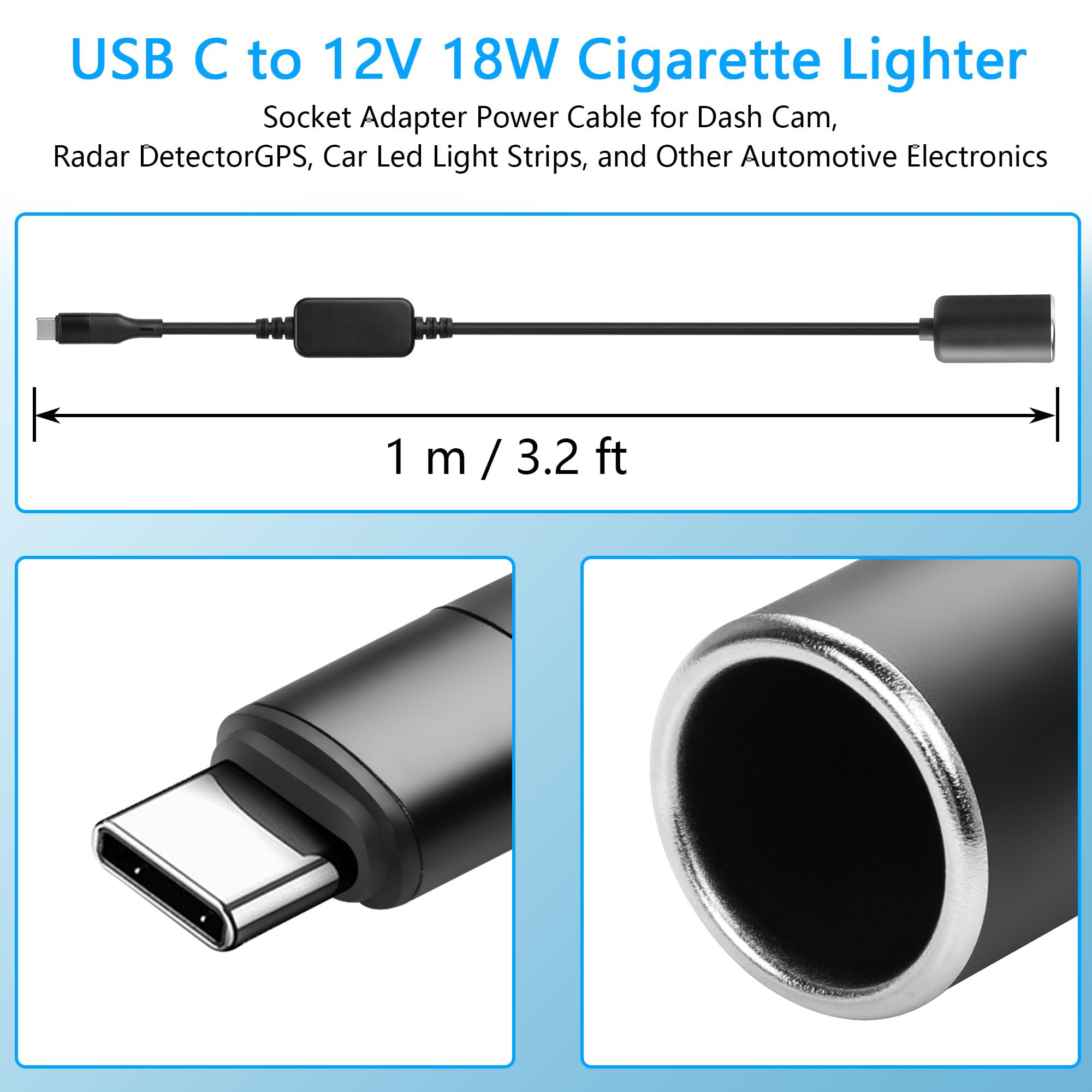 CERRXIAN Wtyczka USB C 12 V 18 W, gniazdo zapalniczki, adapter, kabel zasilający do kamery rozdzielczej, wykrywacza radarów, GPS, listew LED i innych urządzeń elektronicznych
