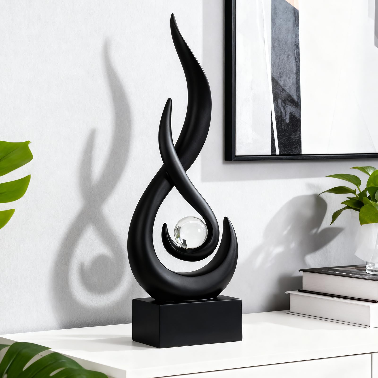 QCXWCJWD Black Flame Statue Minimalist Ornaments, Modern Abstract Sculpture, Art Resin Accent for Living room TV Stand Shelf Office Coffee Table Centerpiece Art Decoration Collectibles
