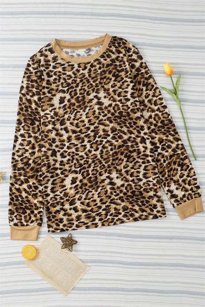 Sulozom Womens Long Sleeve Shirts Crewneck Leopard Printed Tops for Women Casual Dressy Blouses Tee Basic Tops - Image 5