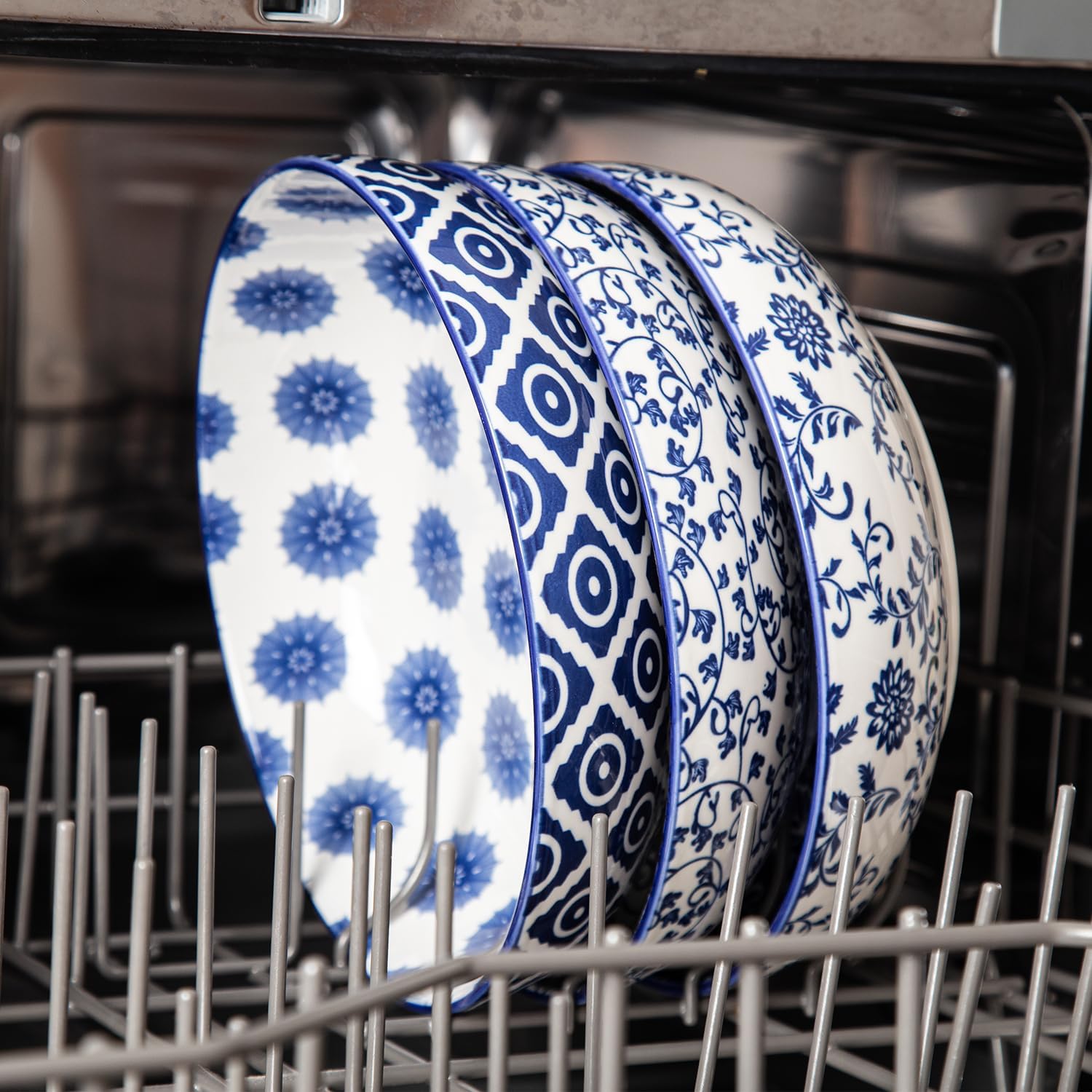 Ceramic Large Salad Bowls - 45 OZ Pasta Bowls 8 inch Wide Serving Bowl for Soup Dinner Dessert Noodle Fruit Bowls - Microwave Dishwasher Safe - Set of 4 - Vintage Blue