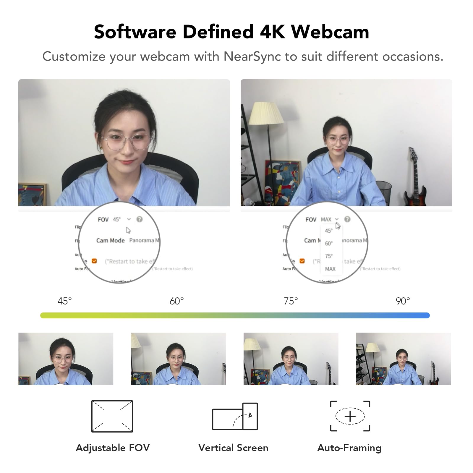Nuroum V32-AFL Webcam 4K 8MP 1080P/60fps, 1440P/30fps CMOS con Autofocus, Luz Ajustable/Doble Micrófono con Cancelación de Ruido/Auto-Framing, Plug&Play Cámara para Streaming/Videoconferencia