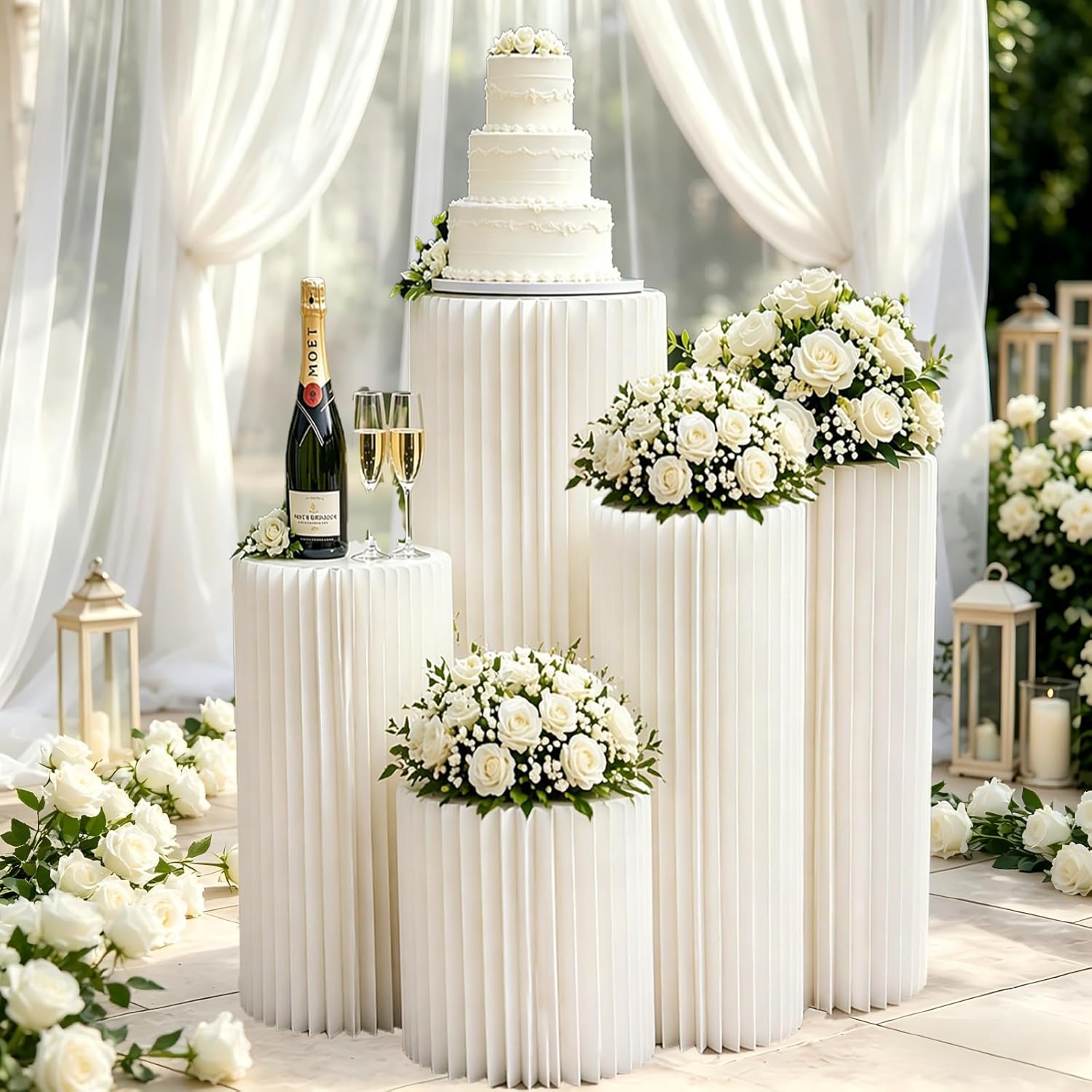 Cylinder Stands for Party 5Pcs Round Pedestal Stand Foldable Cardboard Columns Cylinder Tables for Parties Baby Shower Birthday Wedding Pillars Display Decoration (White,5PCS)