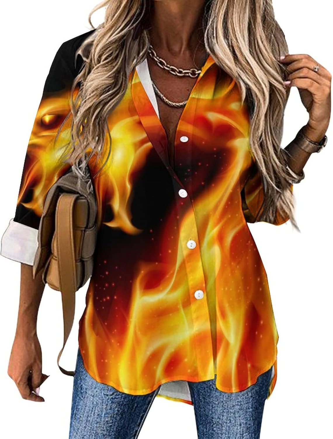 Fire Dragon Womens Funny Print Button Down Shirts Long