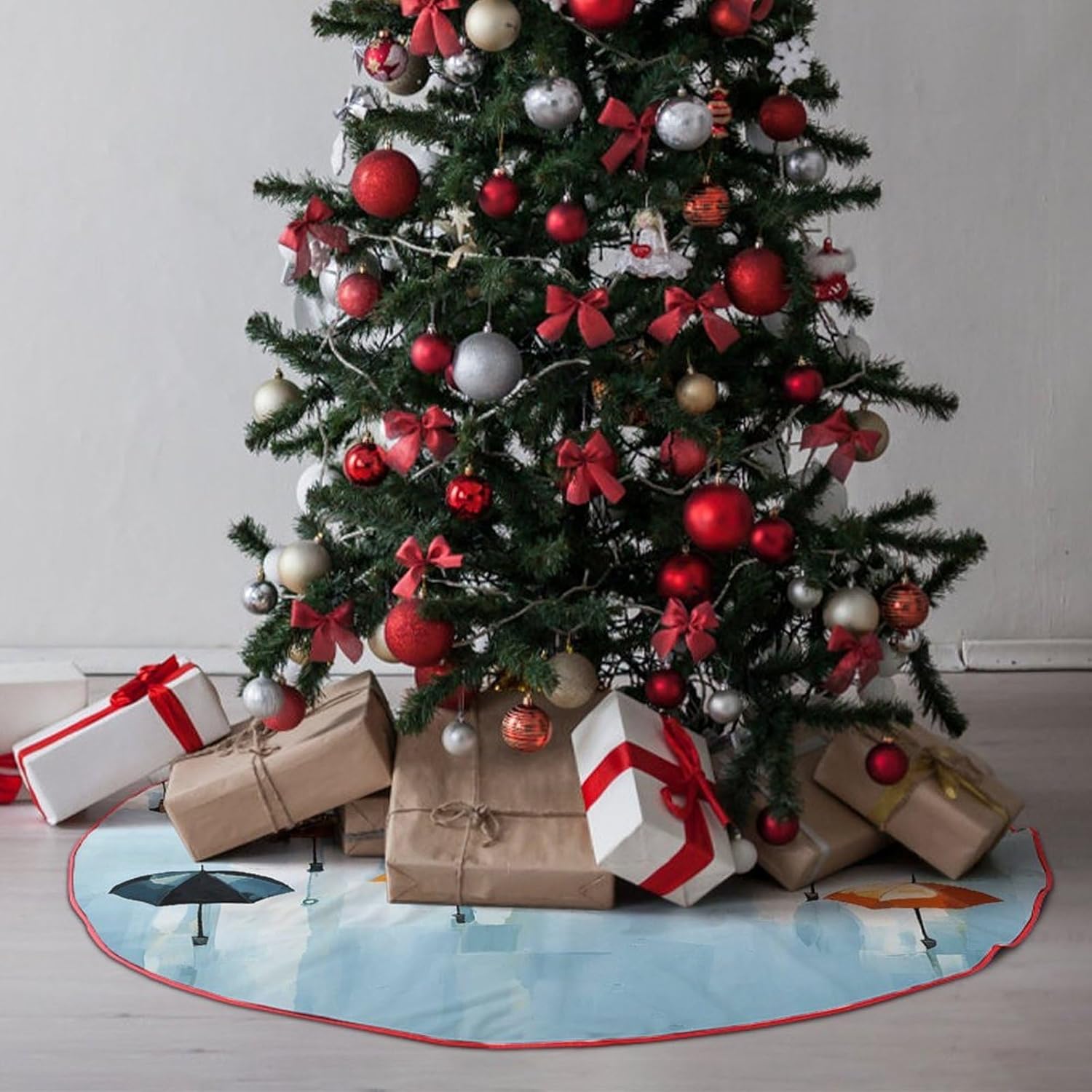 Christmas Tree Skirt,for Xmas Tree Holiday Party Decorations Umbrella Oil Painting Printed Christmas Tree Mat Red Lace-up Christmas Tree Dress