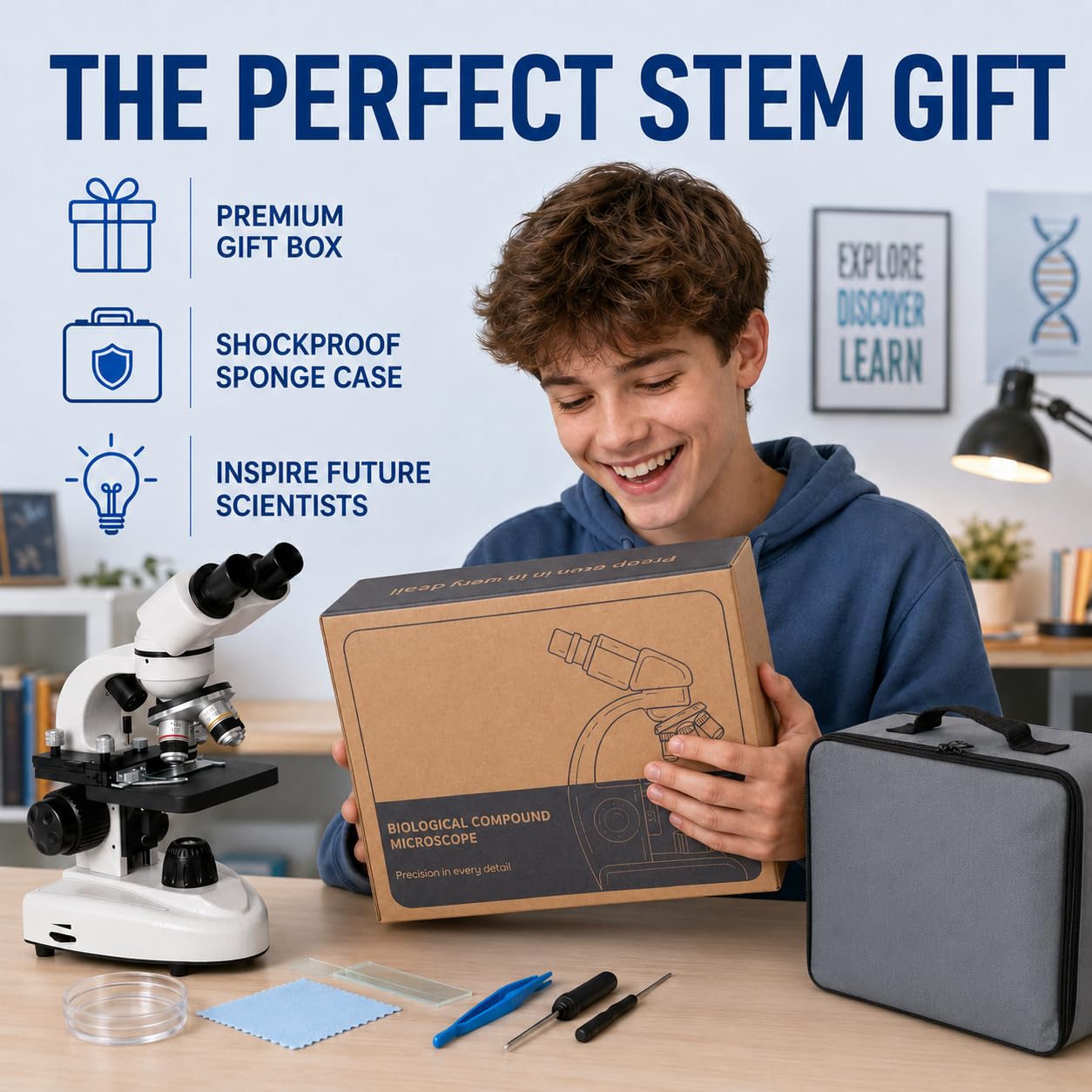 Mikroskop für Erwachsene & Studenten mit 2MP USB-Kamera & 3D-Bühne, 40X-1600X | Biologisches Fernglas-Mikroskop mit Dual-LED, DIY 15 Dia-Kit, Handy-Adapter & stoßfestes Gehäuse für MINT-Bildung