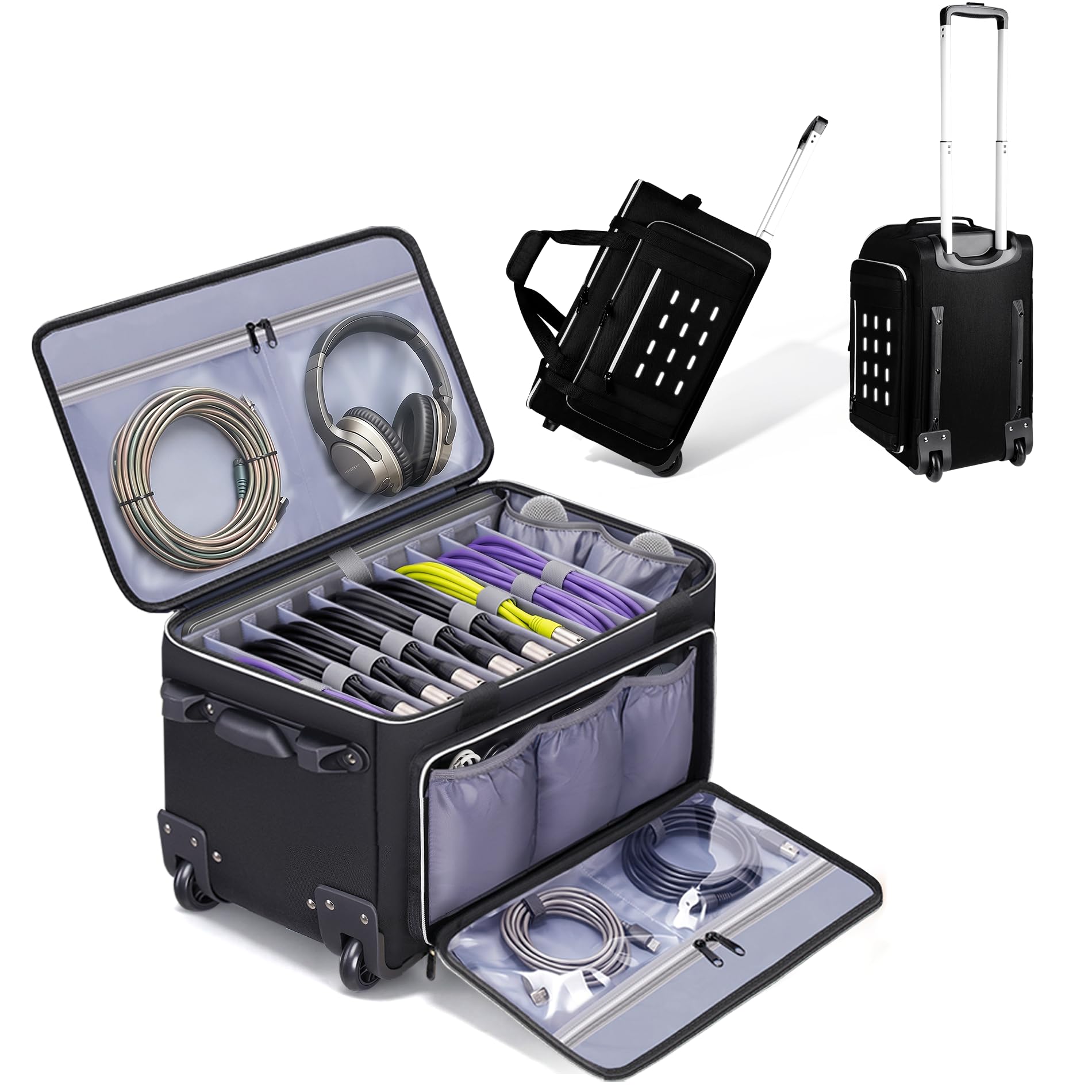 Large DJ Cable Bag with Wheels, Rolling DJ Equipment Bag for Musician | 9 Detachable Divi…