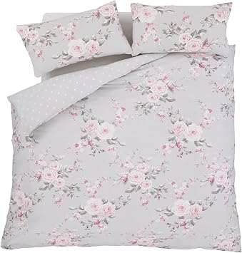 Catherine Lansfield Canterbury Floral Reversible Quilted 240x260cm Bedspread Grey