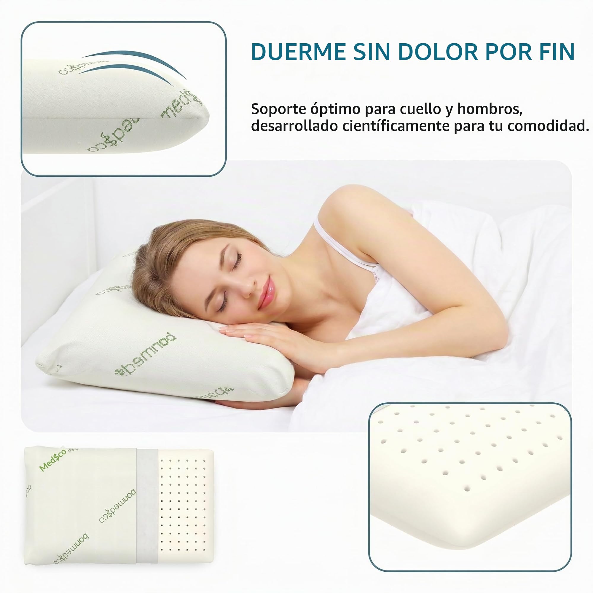 bonmedico Almohada Cervical Viscoelástica Fibra Bambú | Almohada con espuma memoria y funda de bambú lavable. Soporte cómodo para cuello y descanso.