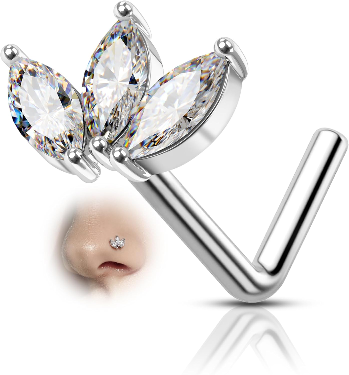COCHARM Flower Titanium Nose Stud, 20g L Shape Sparkling Nose Ring Stud Cute G23 Pure Titanium Surgical Steel Silver Nostril Piercing Hypoallergenic