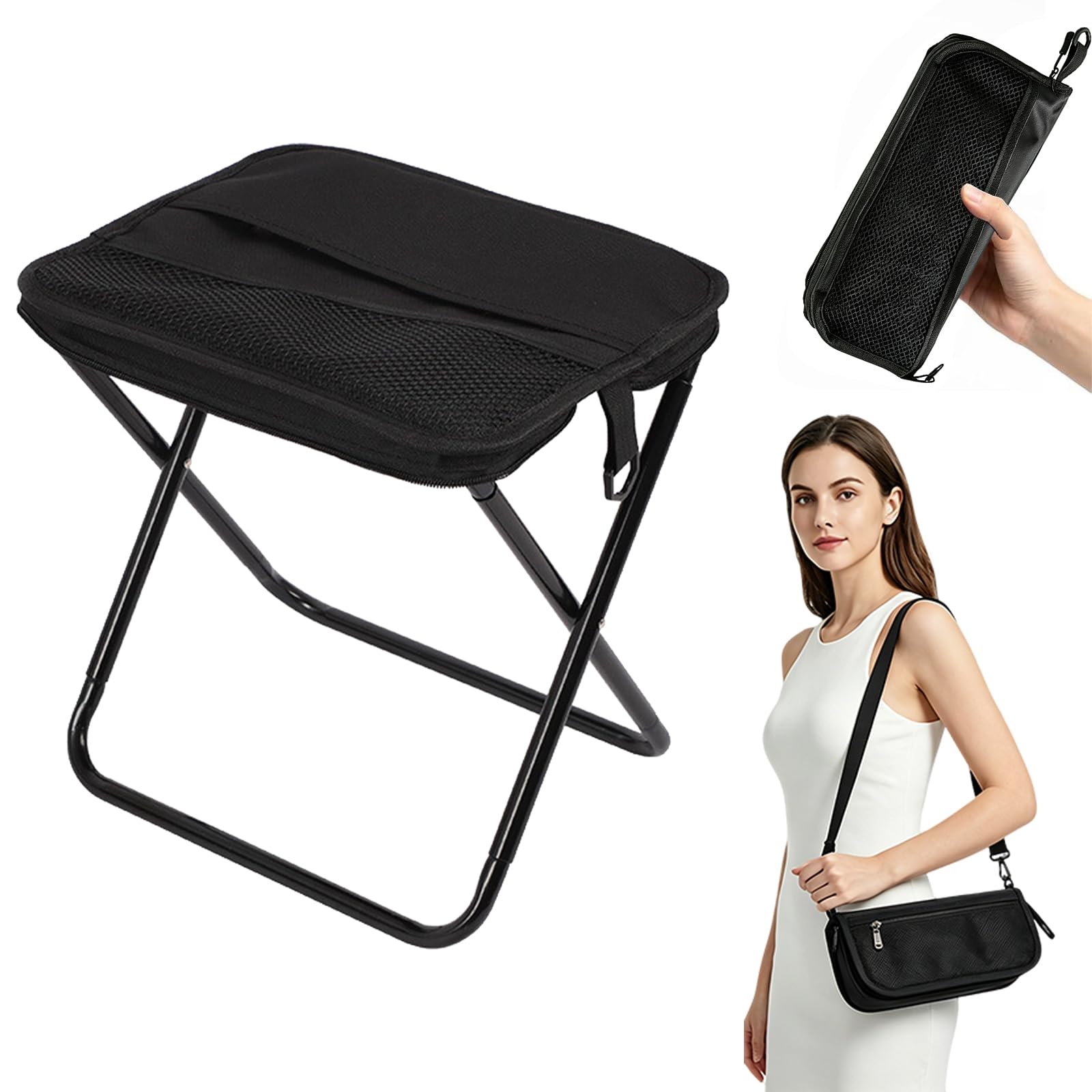 Black Portable Folding Camping Stool 32.5×26×32cm, Lightweight Collapsible Stool for Adults, Heavy Duty Foldable Seat Max Load 120kg with Carry Bag for Hiking, Travel, Fishing, Picnic & Festivals