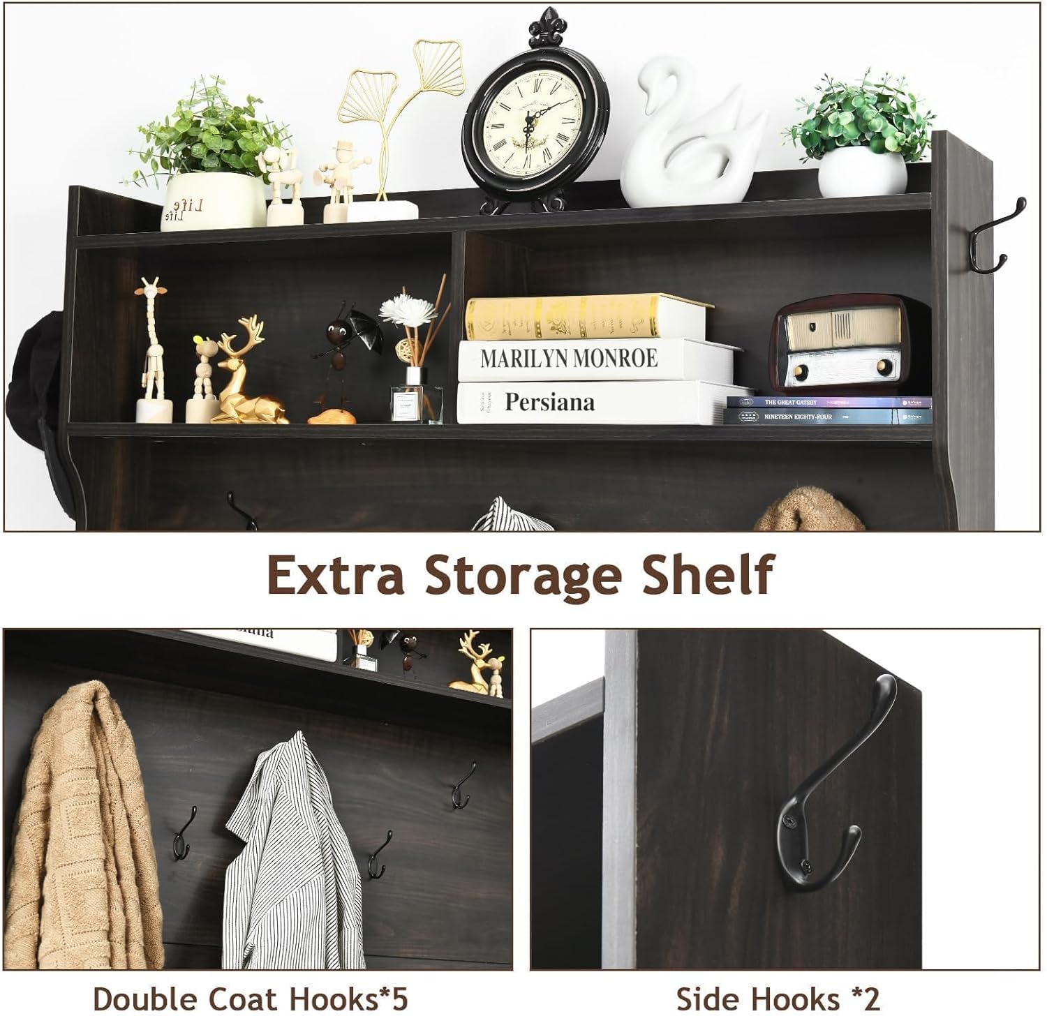 4ever2buy Farmhouse Hall Tree with Bench 5-in-1 Entryway Bench with Coat Rack with Sliding Barn Doors Entryway Coat Rack with Shoe Storage Dark Oak