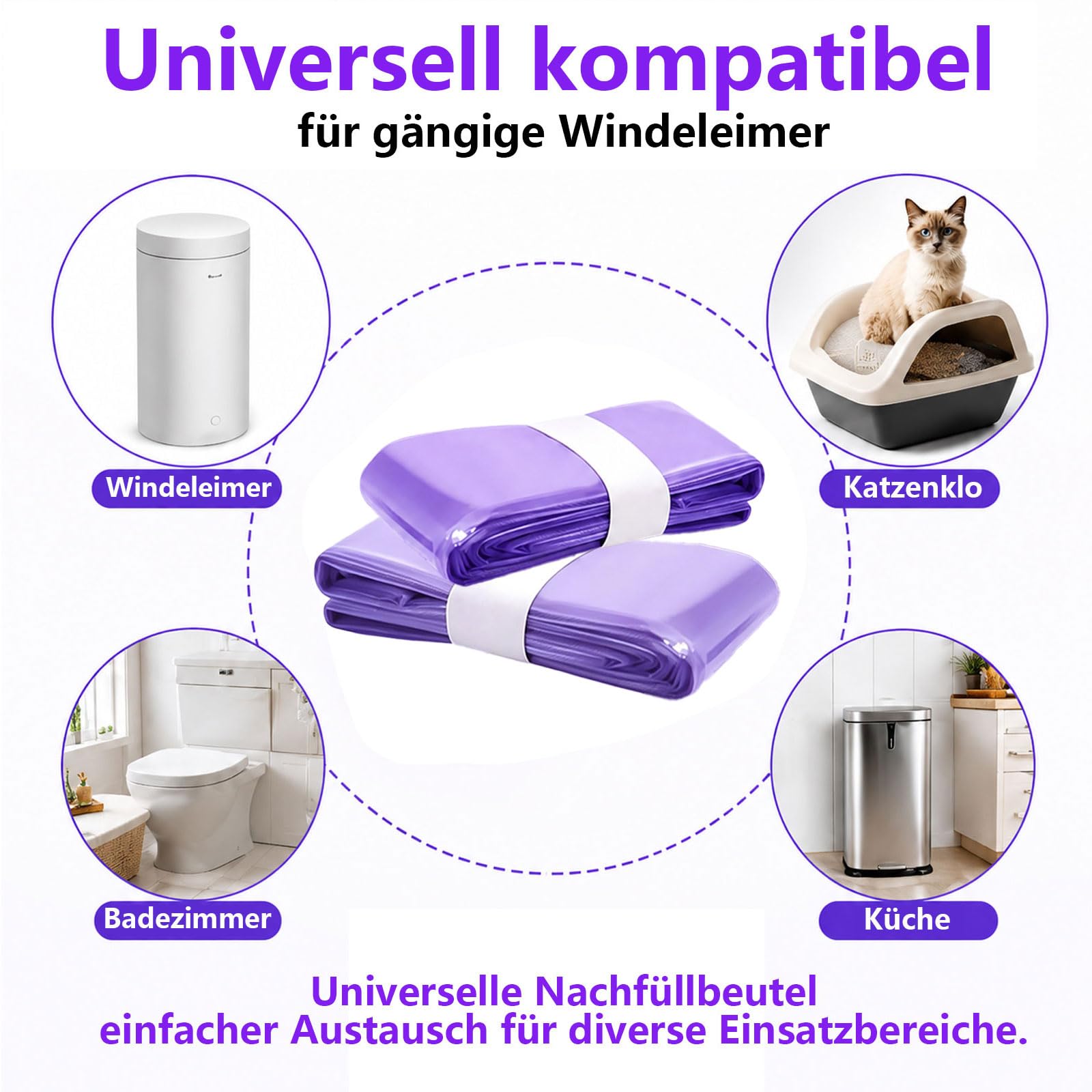 12 Stück Windeleimer Nachfüllkassetten 4,5m Nachfüllfolie, Geruchsdichte Folie passend für gängige Windeleimer Systeme, bis zu 320 Windeln geeignet, auch für Katzenstreu Entsorgungseimer, Lila Violett