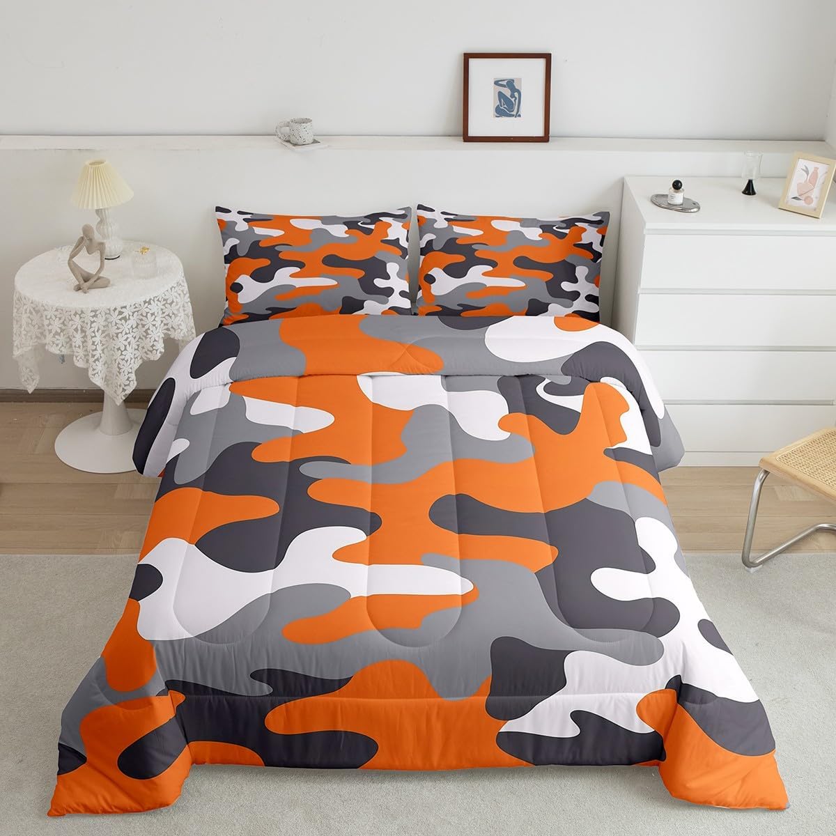 Erosebridal Kids Teens Camo Comforter Set,Boys Camouflage Bedding Sets Twin,Orange Grey White Colorful Pattern Style Quilt Set,Farmhouse Militarily Duvet Insert with 1 Pillowcase Bedroom Decor