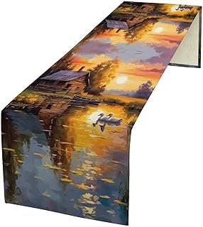 Sunset Thatched Duck Theme Table Runner, Water Reflection Oil Painting Retro Style River Duck Aesthetic Landscape Decoration, Male Female Tenant Halls Kitchen Desktop Table Runner 13x60in