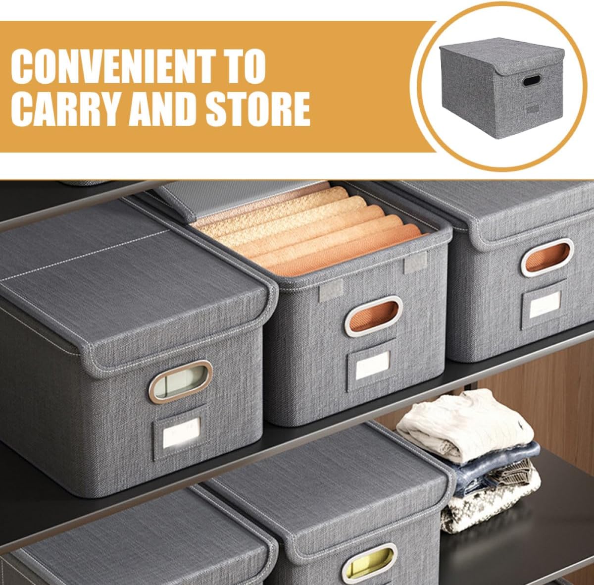 Large Foldable Fabric Storage Bin with Lid, Clothes Organizer Box for Wardrobe and Bedroom, Gray Cloth Storage Container for Household Organization