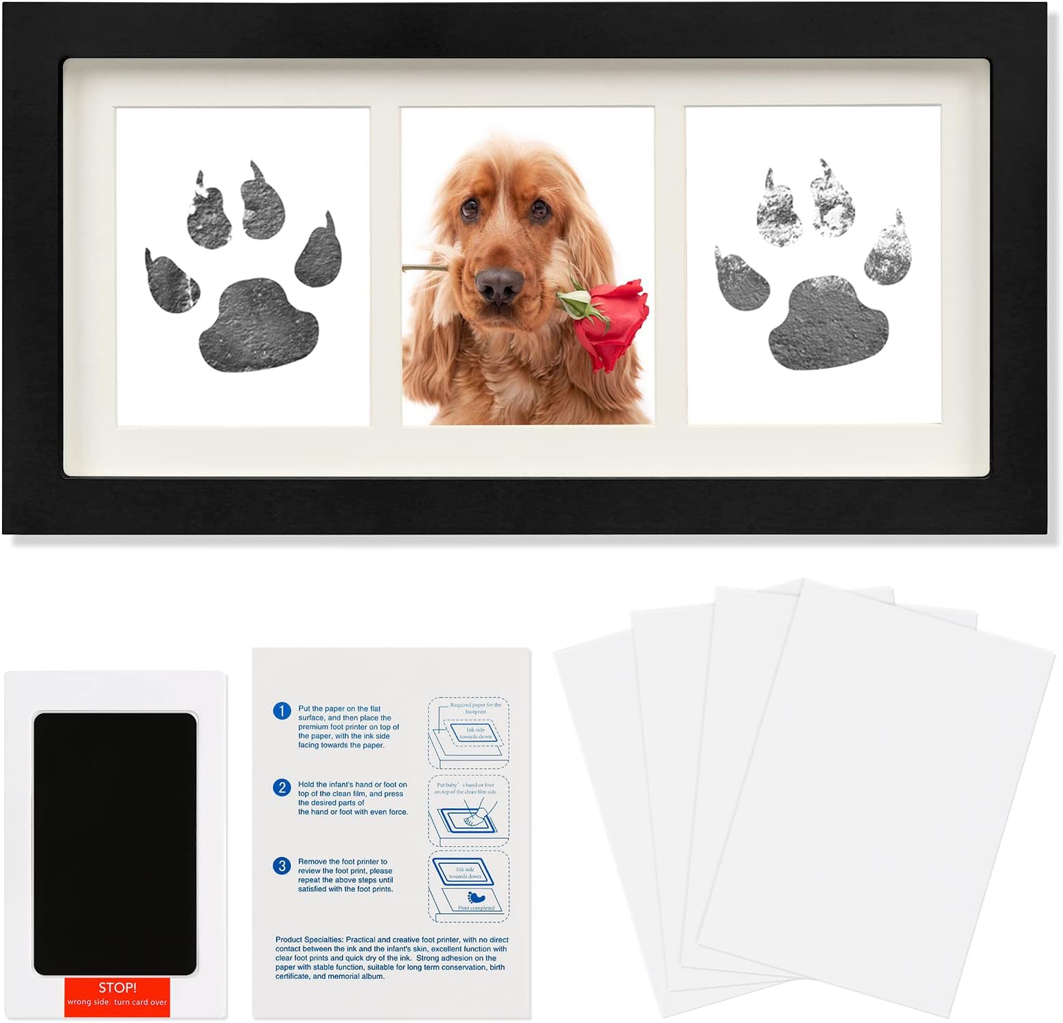 Paw Print Frame Kit- No Mess Ink Pad for Pets-Dog or Cat Pet Memorial Picture Frame-Premium Wooden Pawprint Photo Frame Makes a Personalized Gift for Pet Lovers and Memorials(Black)