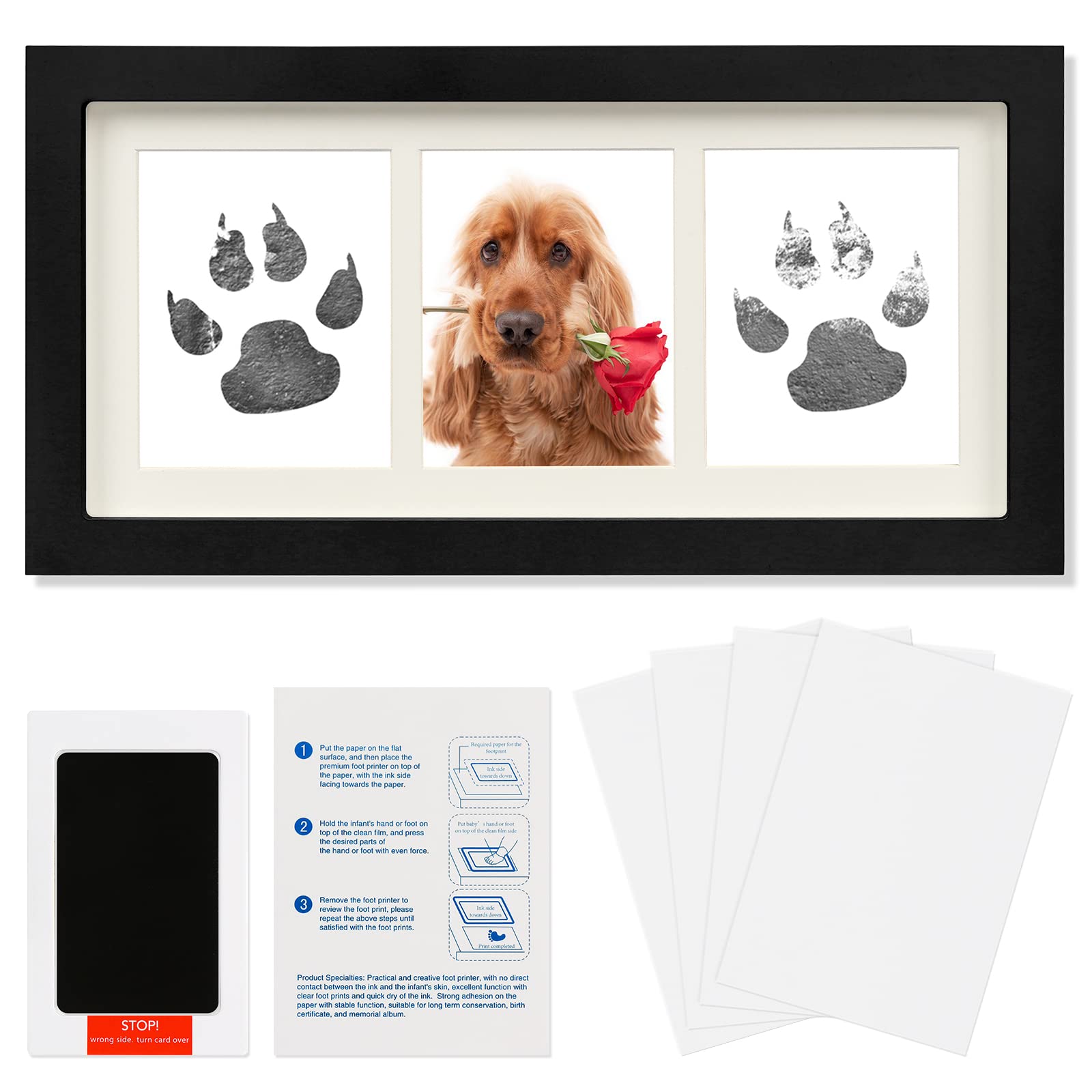 Paw Print Frame Kit- No Mess Ink Pad for Pets-Dog or Cat Pet Memorial Picture Frame-Premium Wooden Pawprint Photo Frame Makes a Personalized Gift for Pet Lovers and Memorials(Black)
