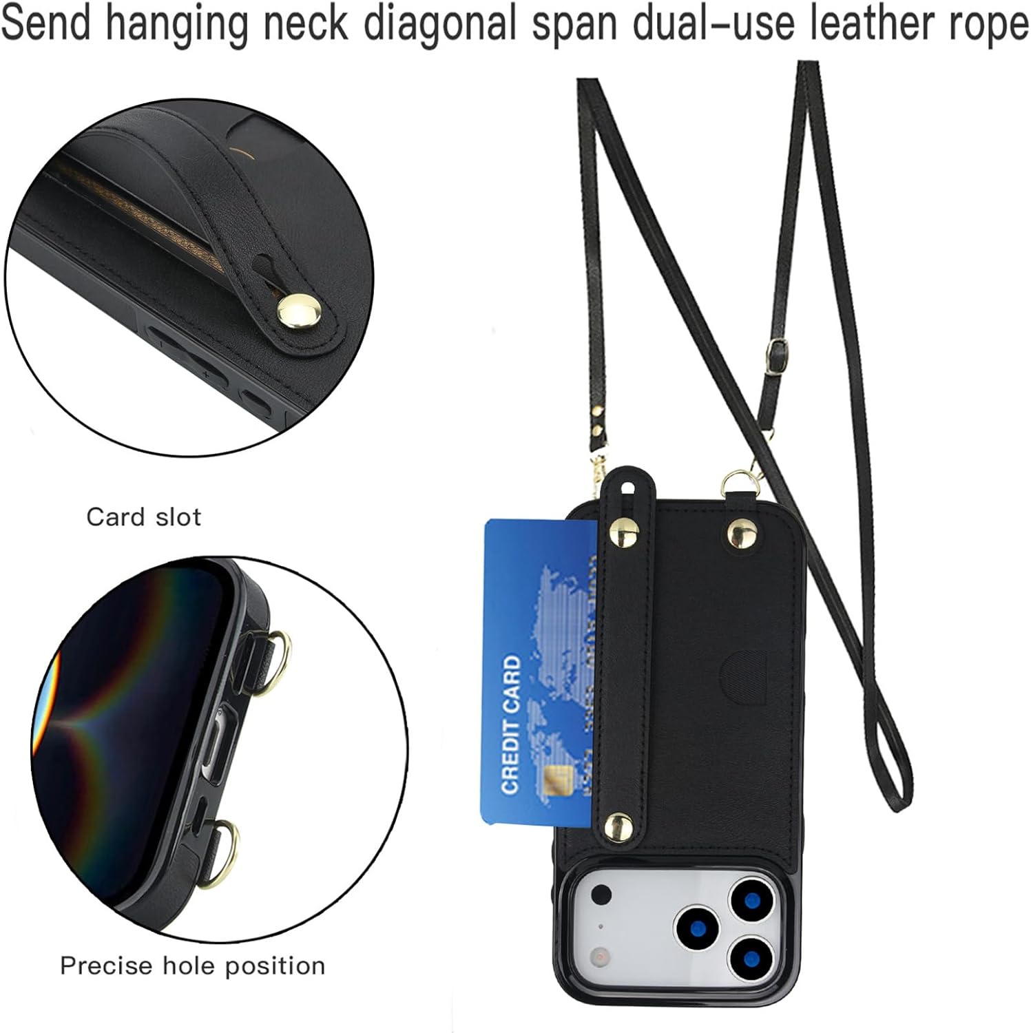 CCSmall for iPhone 17 Pro Max Lanyard Case with Card Holder for Women, Detachable PU Leather Crossbody Strap Wristband Kickstand Phone Cover for Apple iPhone 17 Pro Max -KB Black - Image 2