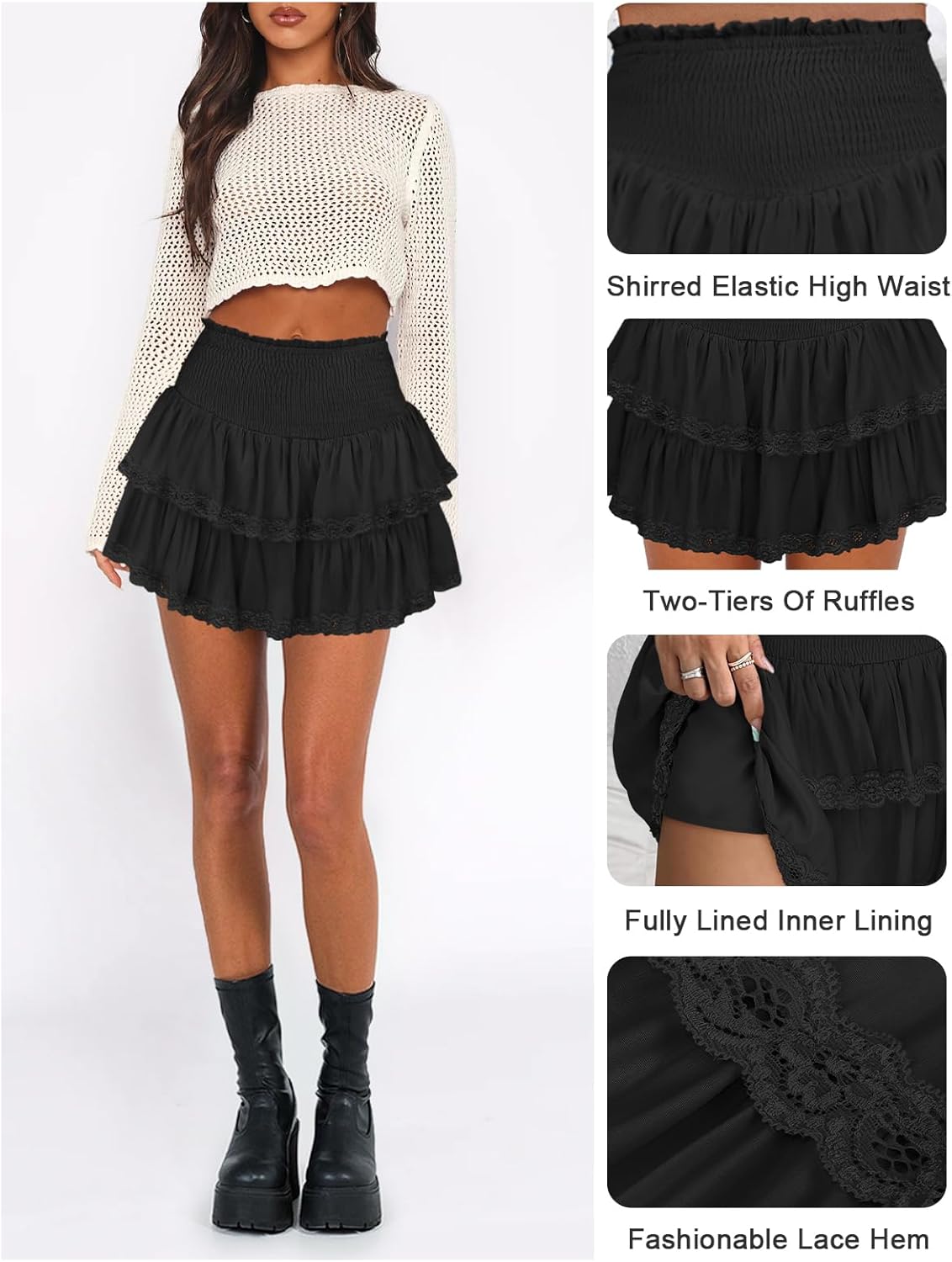 Womens Ruffle Lace Mini Skirt Athletic Golf Tennis Skort Boho Tiered High Waist Flowy Skirts - Image 4