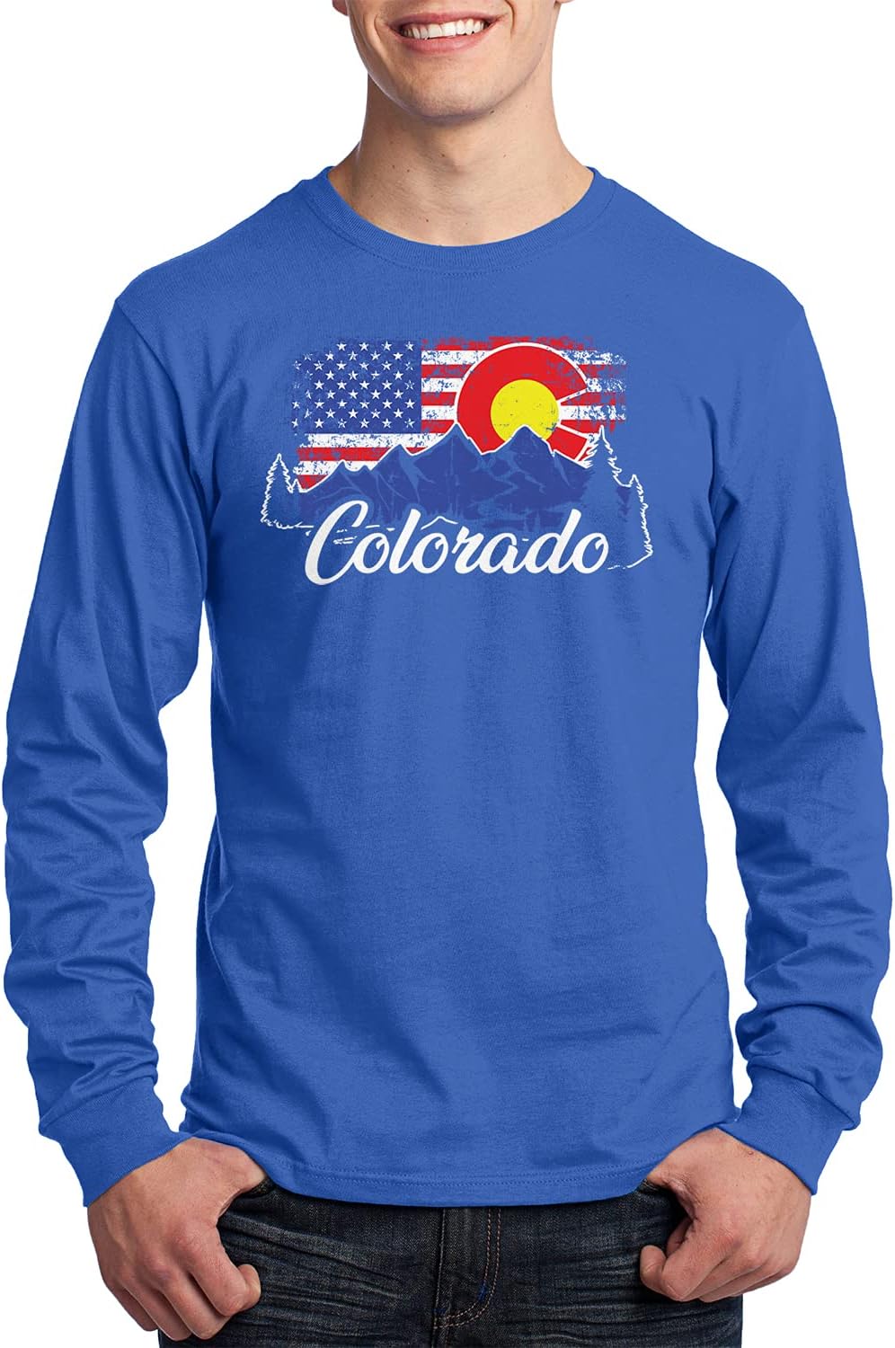 Threadrock Men's Colorado Mountains American Flag Long Sleeve T-Shirt