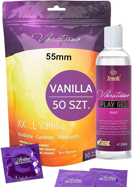 Vibratissimo® Zestaw wartościowy markowych prezerwatyw, 50 prezerwatyw XXL 55 mm + 250 ml żelu nawilżającego