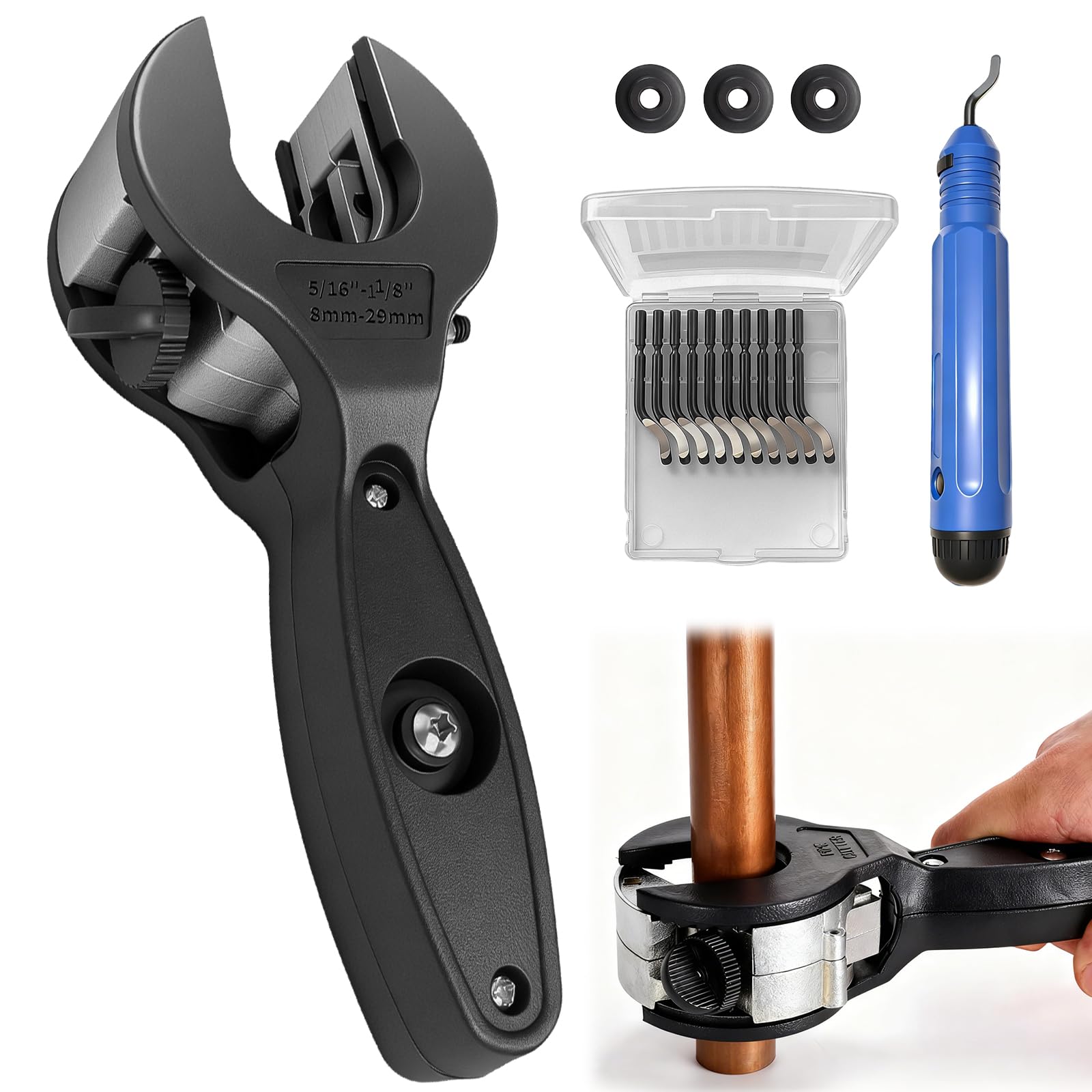 coupe tube à cliquet en acier cuivre 8-29 mm | coupe tube cuivre | coupe tuyau pour acier inoxydable PVC aluminium | avec 3 roulettes de rechange et outils d'ébavurage