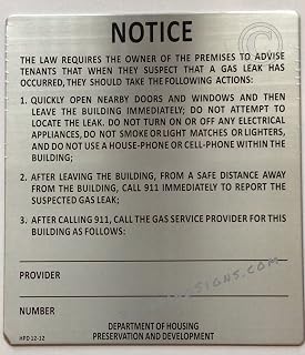 HPD NYC GAS LEAK NOTICE ENGLISH SIGN (SILVER 8.5X9.5 INCH,DOUBLE SIDED TAPE, RUST FREE, ALUMINIUM)-The Poo Line