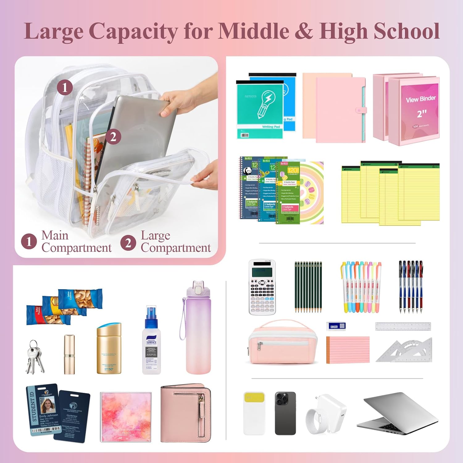 PACKISM Clear Backpack for School - 18 Inch Extra Large Heavy Duty Clear Bookbag for Boys, See Through PVC Transparent School Backpack with 2 Large Front Pockets, White (Age 12+)