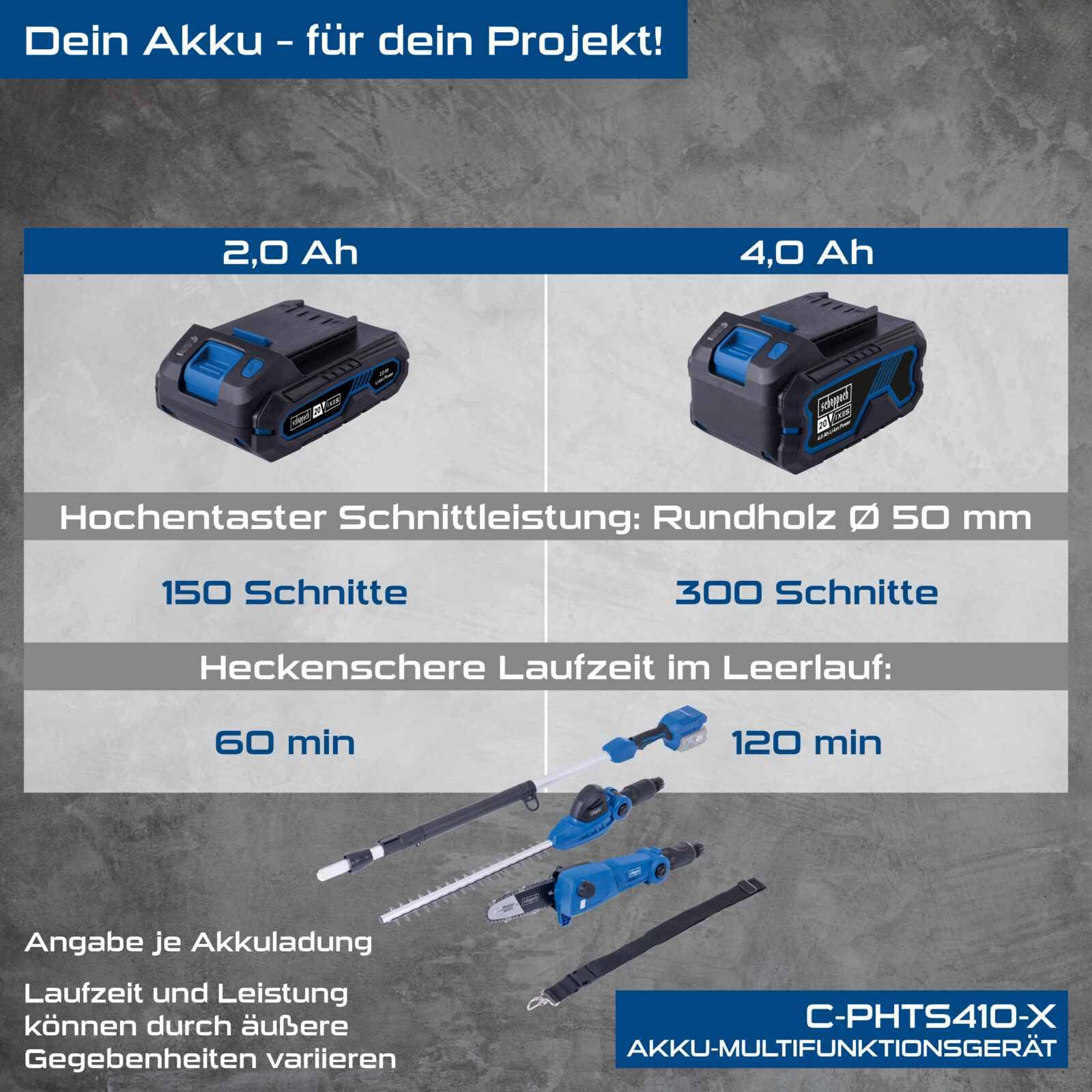 Scheppach Batería multifunción C-PHTS410-X 2 en 1 | Longitud de corte cortasetos y podadora 410/180 mm | Correa de hombro y barra telescópica | Serie IXES 20V-IXES | 10 años de garantía | con batería