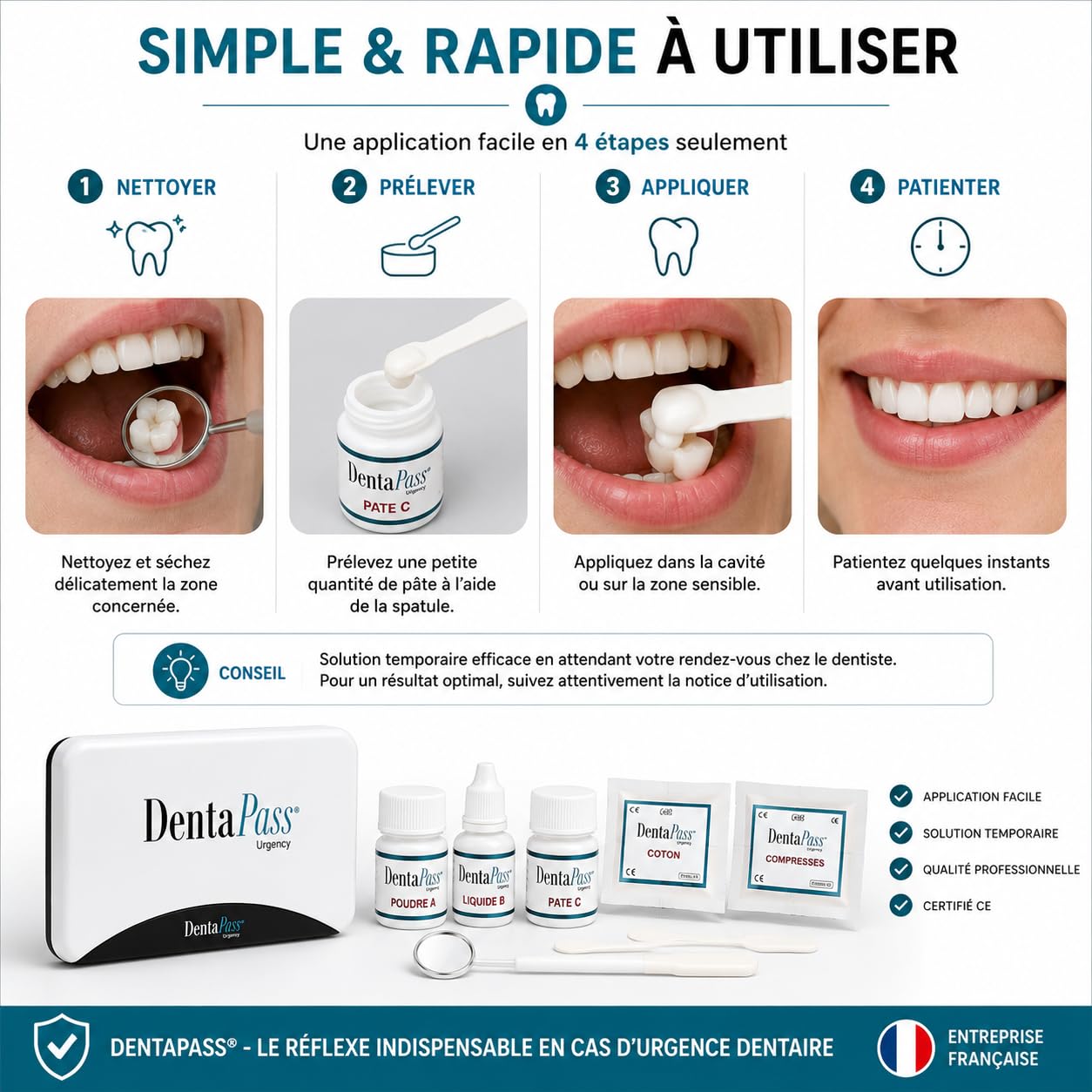Kit Urgence Dentaire Indispensable – Pansement Dentaire & Ciment Dentaire – Soulage les Douleurs Dentaires – Réparation Dentaire Provisoire – Certifié CE – Entreprise Française (Français)