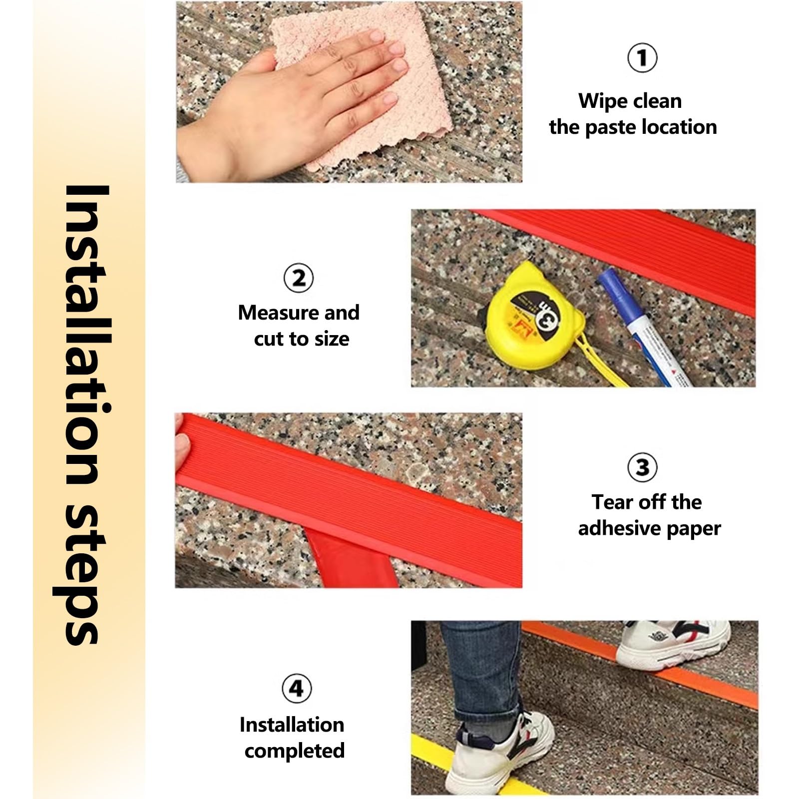 Borde De Escalera De Goma De PVC, Tira De Vinilo Autoadhesiva Antideslizante Para Escalera, Perfil De Borde De Escalera, Para Peldaños De Interior Y Exterior, Con Bandas Antideslizantes(Yellow,3cm/1.2