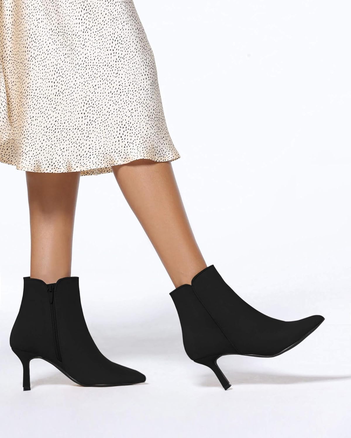 Coutgo Women's Kitten Heel Booties Pointed Toe Low Stiletto Side Zipper Ankle Boots Shoes - Image 2