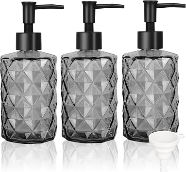 Goodmeet 11oz Glass Soap Dispenser Set of 3 | Rustproof Pump for Hand Soap, Shampoo & Lotion | Refillable Kitchen & Bathroom Bottle Black Design, Durable